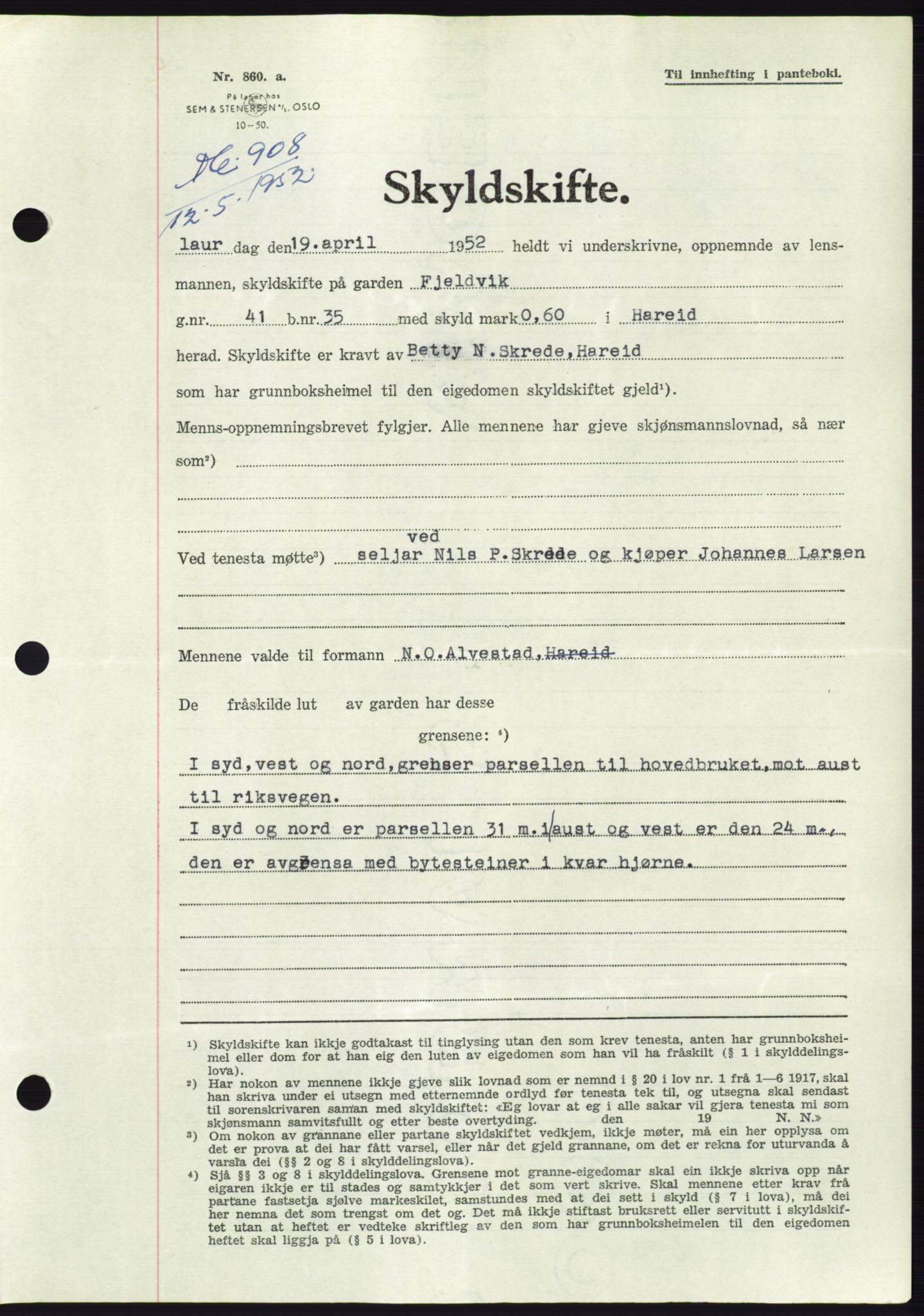 Søre Sunnmøre sorenskriveri, AV/SAT-A-4122/1/2/2C/L0092: Mortgage book no. 18A, 1952-1952, Diary no: : 908/1952