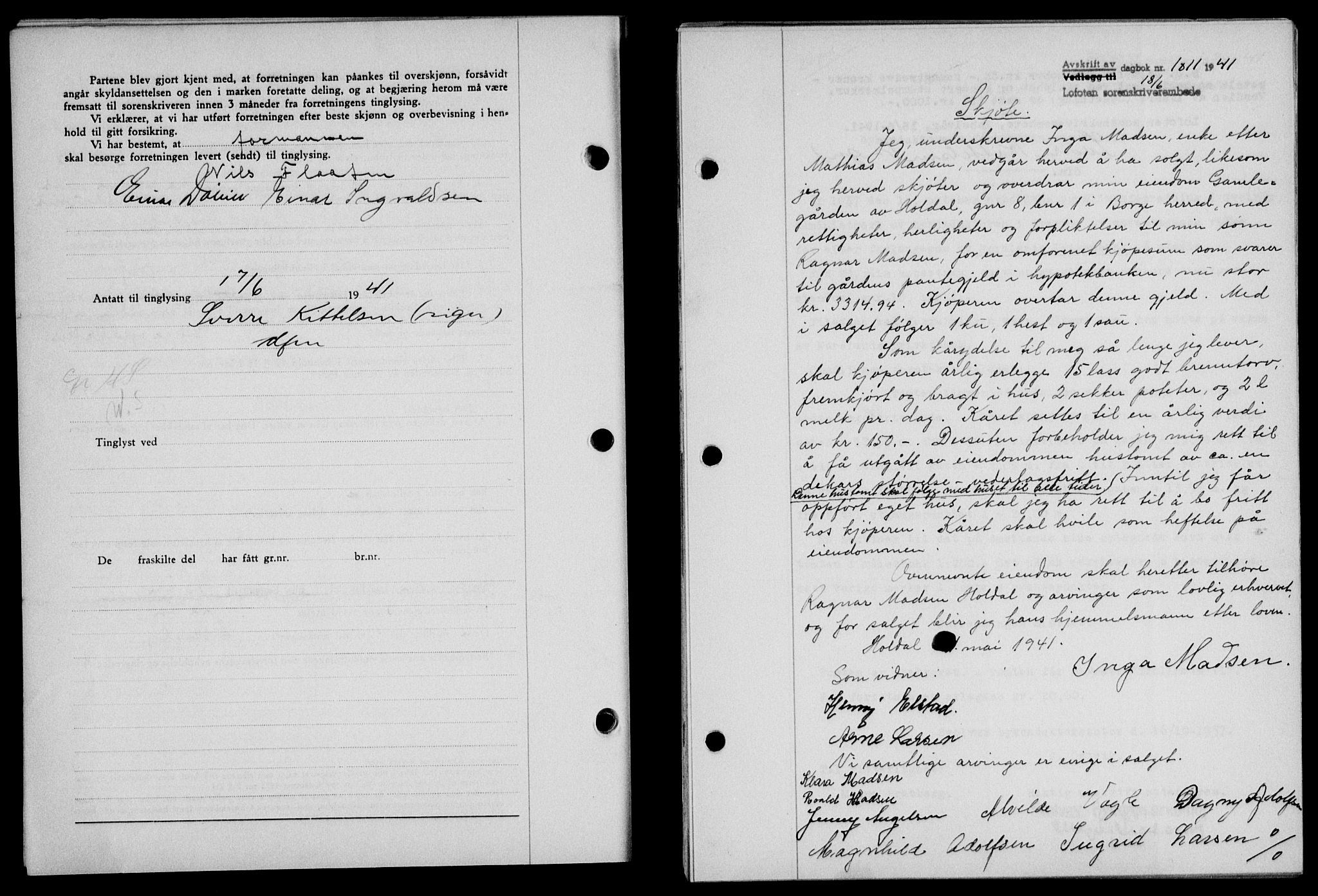Lofoten sorenskriveri, SAT/A-0017/1/2/2C/L0008a: Mortgage book no. 8a, 1940-1941, Diary no: : 1011/1941