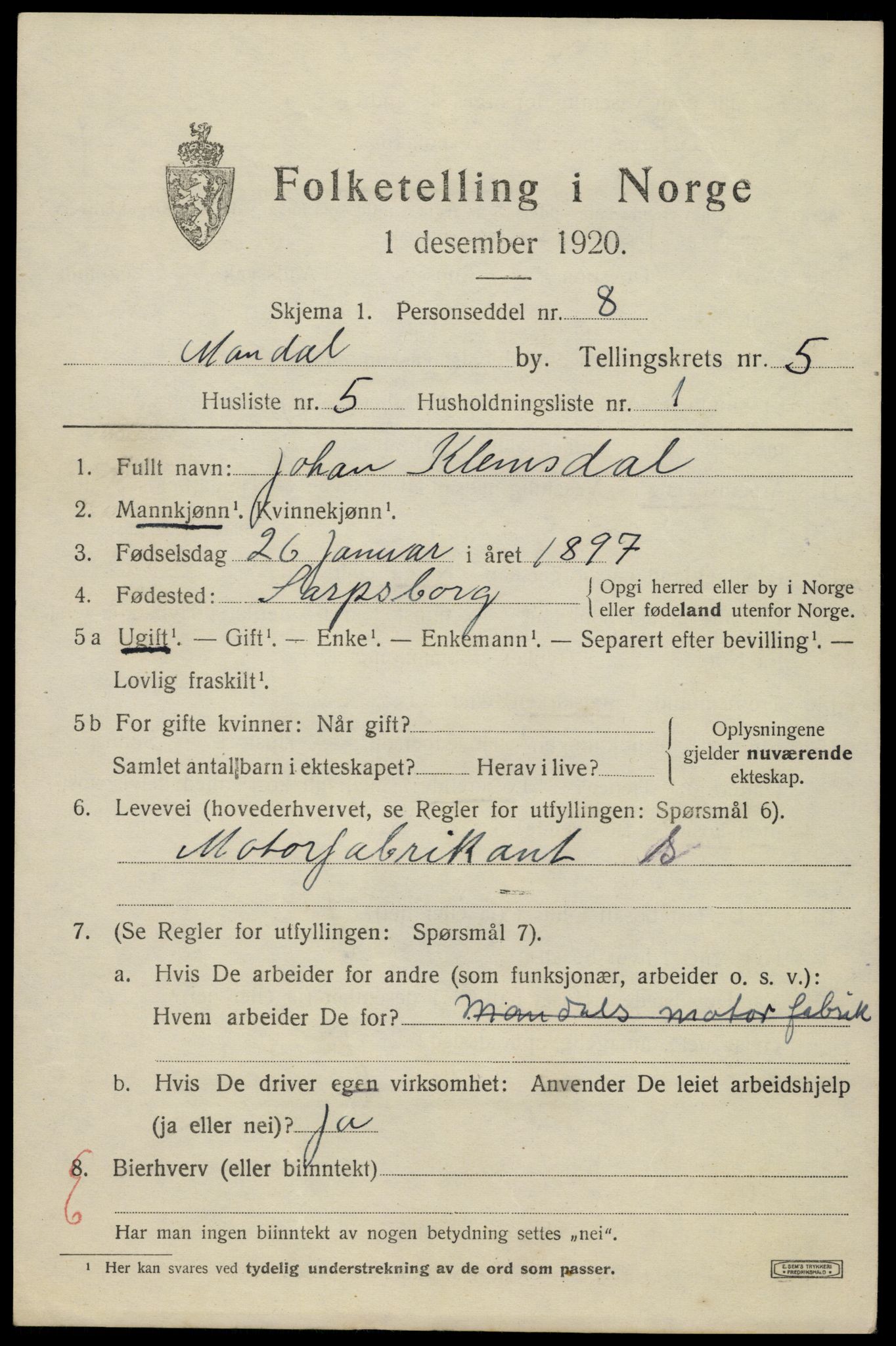SAK, 1920 census for Mandal, 1920, p. 8249