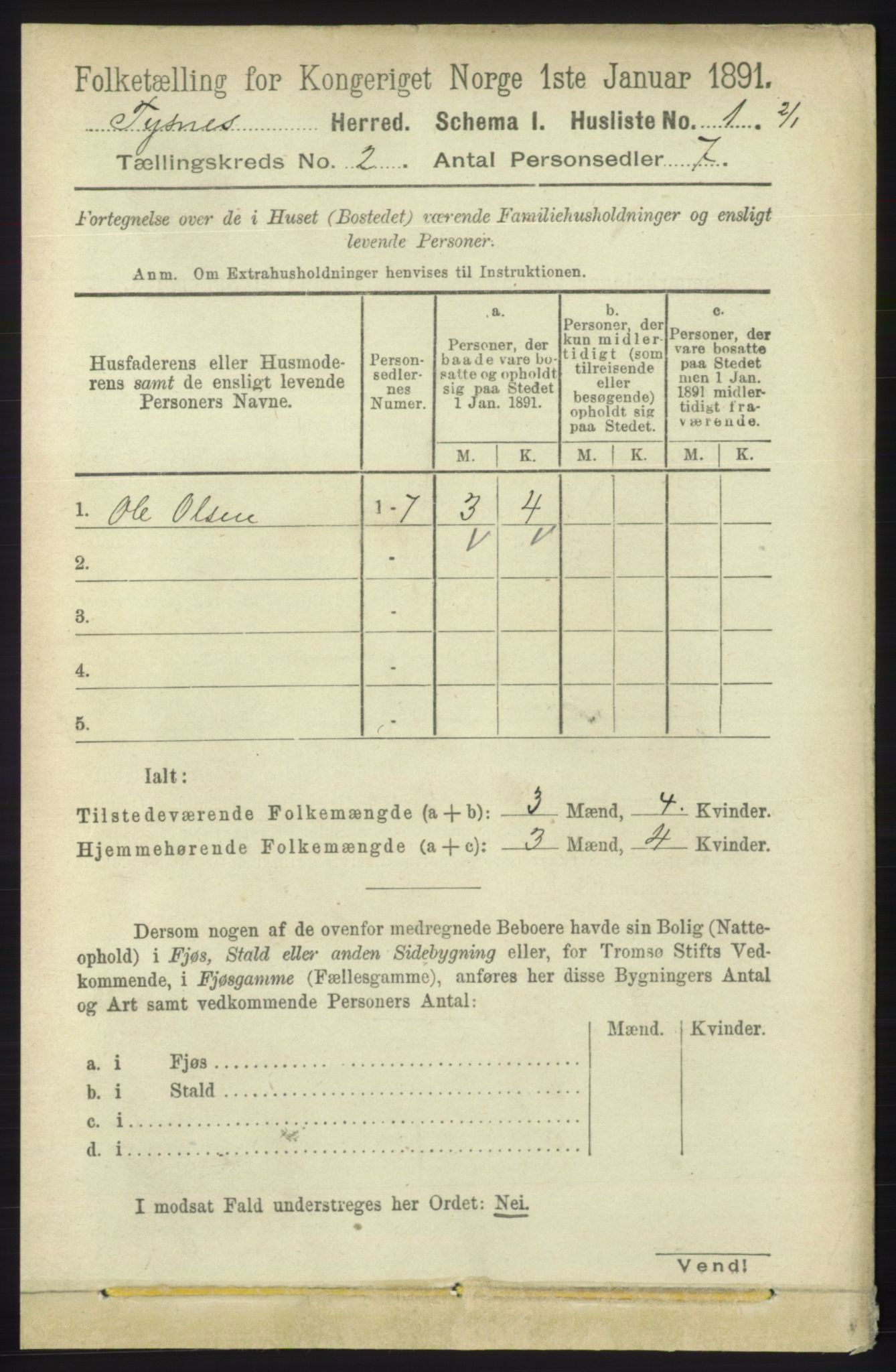 RA, 1891 census for 1223 Tysnes, 1891, p. 399