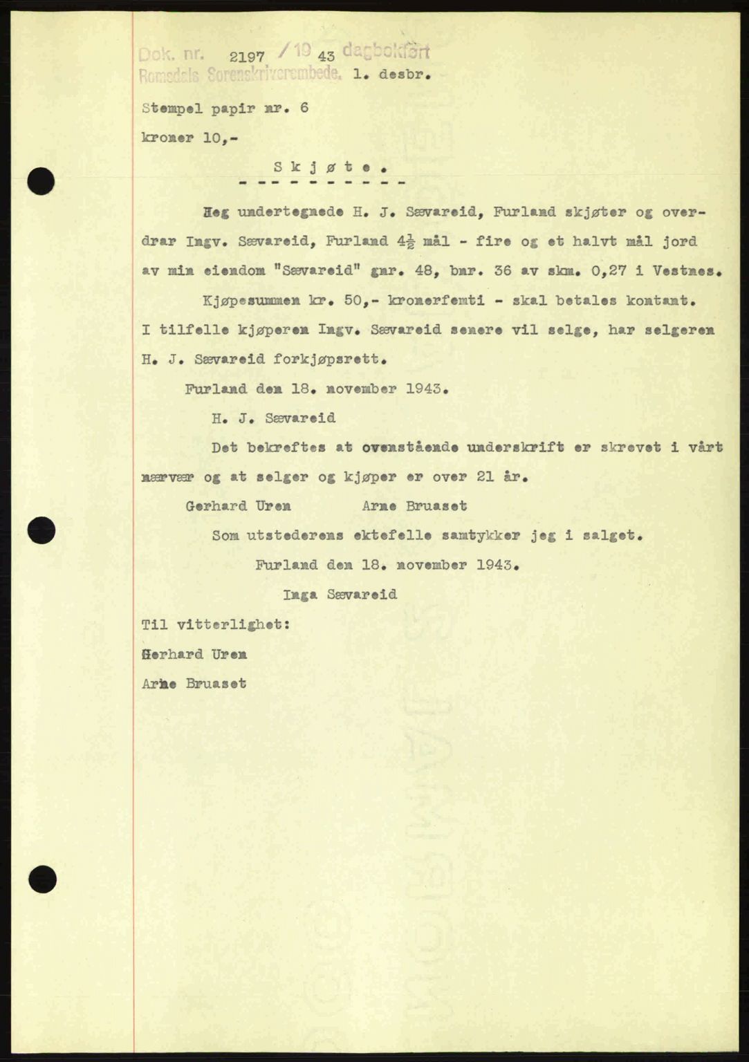 Romsdal sorenskriveri, SAT/A-4149/1/2/2C: Mortgage book no. A15, 1943-1944, Diary no: : 2197/1943