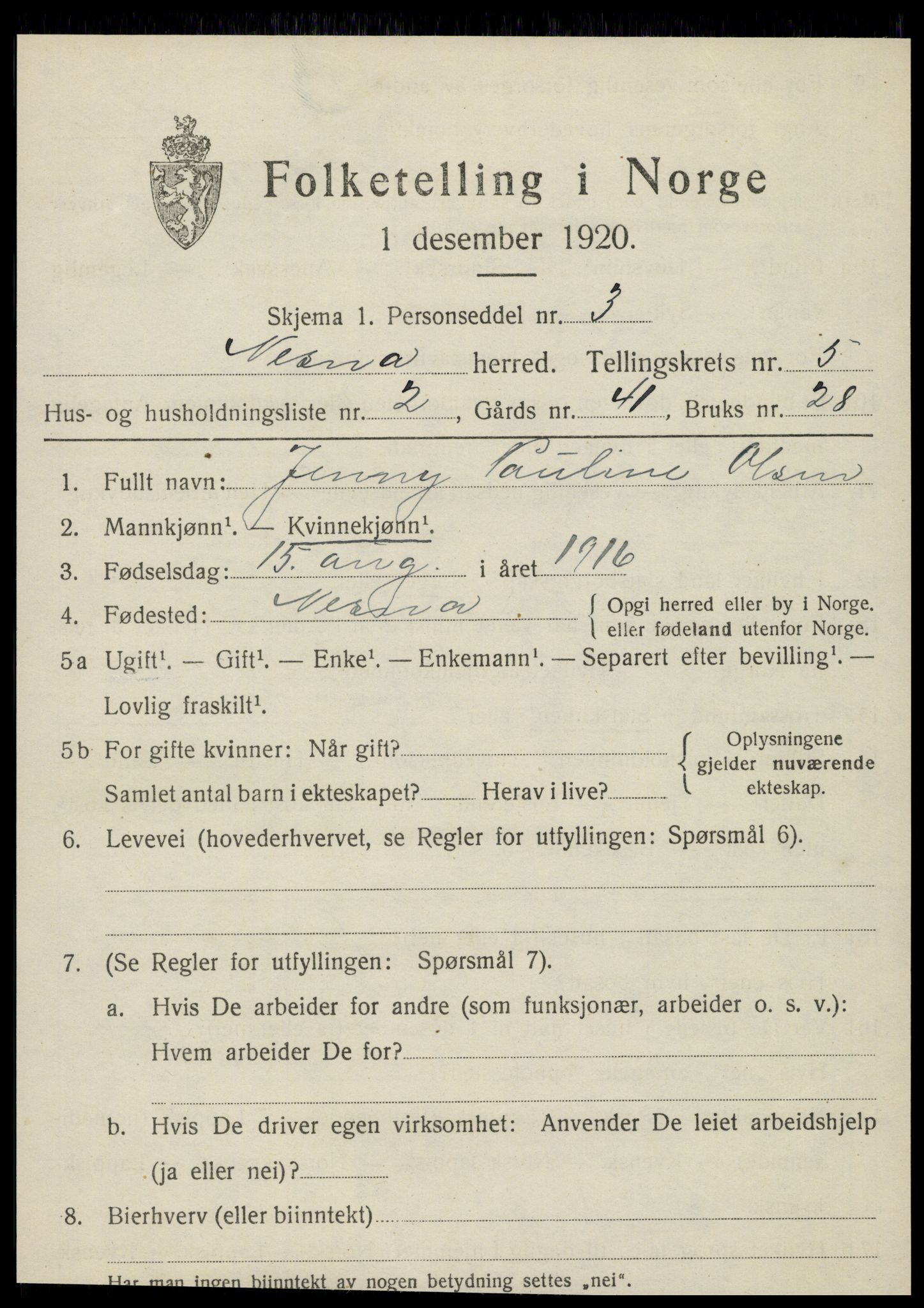 SAT, 1920 census for Nesna, 1920, p. 4031