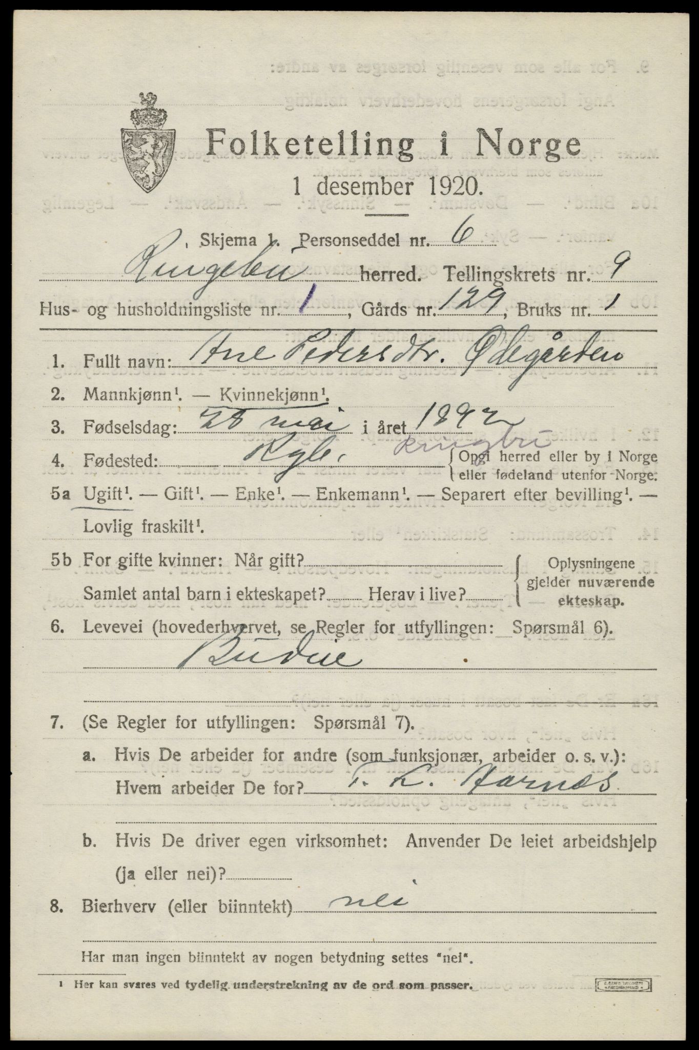 SAH, 1920 census for Ringebu, 1920, p. 8259