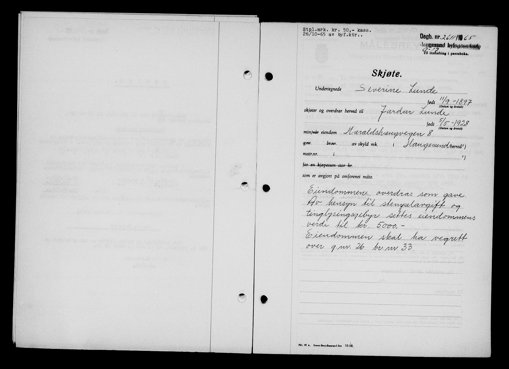 Haugesund tingrett, AV/SAST-A-101415/01/II/IIC/L0076: Mortgage book no. A 17, 1965-1966, Diary no: : 2611/1965