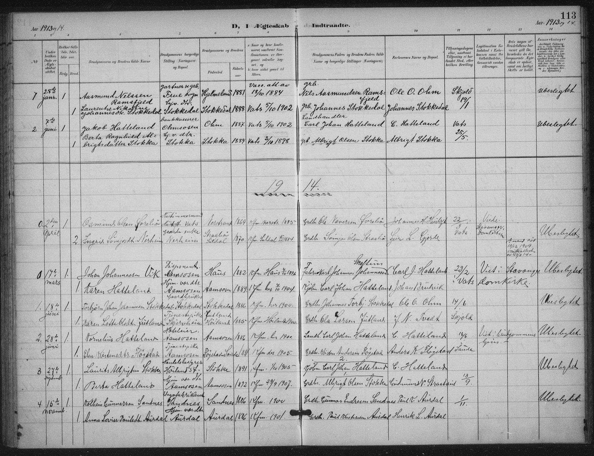 Skjold sokneprestkontor, SAST/A-101847/H/Ha/Haa/L0012: Parish register (official) no. A 12, 1899-1915, p. 113