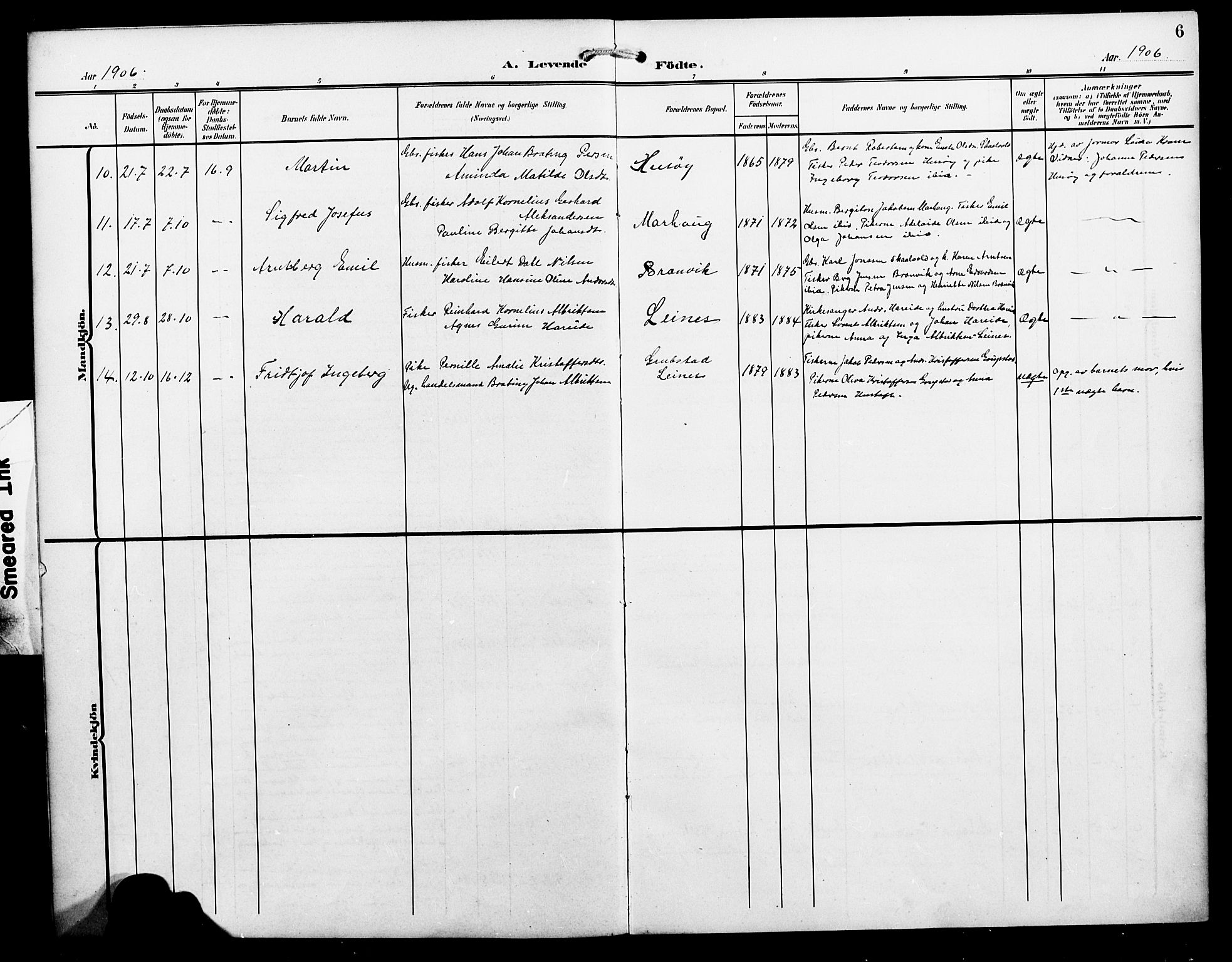 Ministerialprotokoller, klokkerbøker og fødselsregistre - Nordland, SAT/A-1459/857/L0829: Parish register (copy) no. 857C04, 1906-1916, p. 6