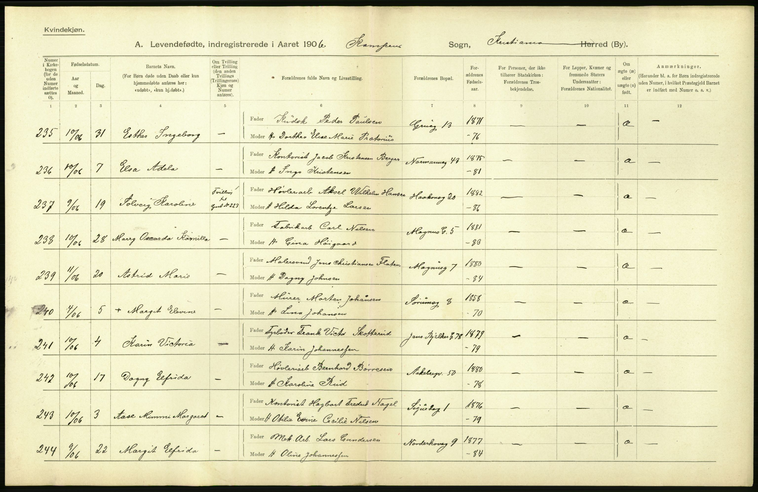 Statistisk sentralbyrå, Sosiodemografiske emner, Befolkning, AV/RA-S-2228/D/Df/Dfa/Dfad/L0007: Kristiania: Levendefødte menn og kvinner., 1906, p. 760