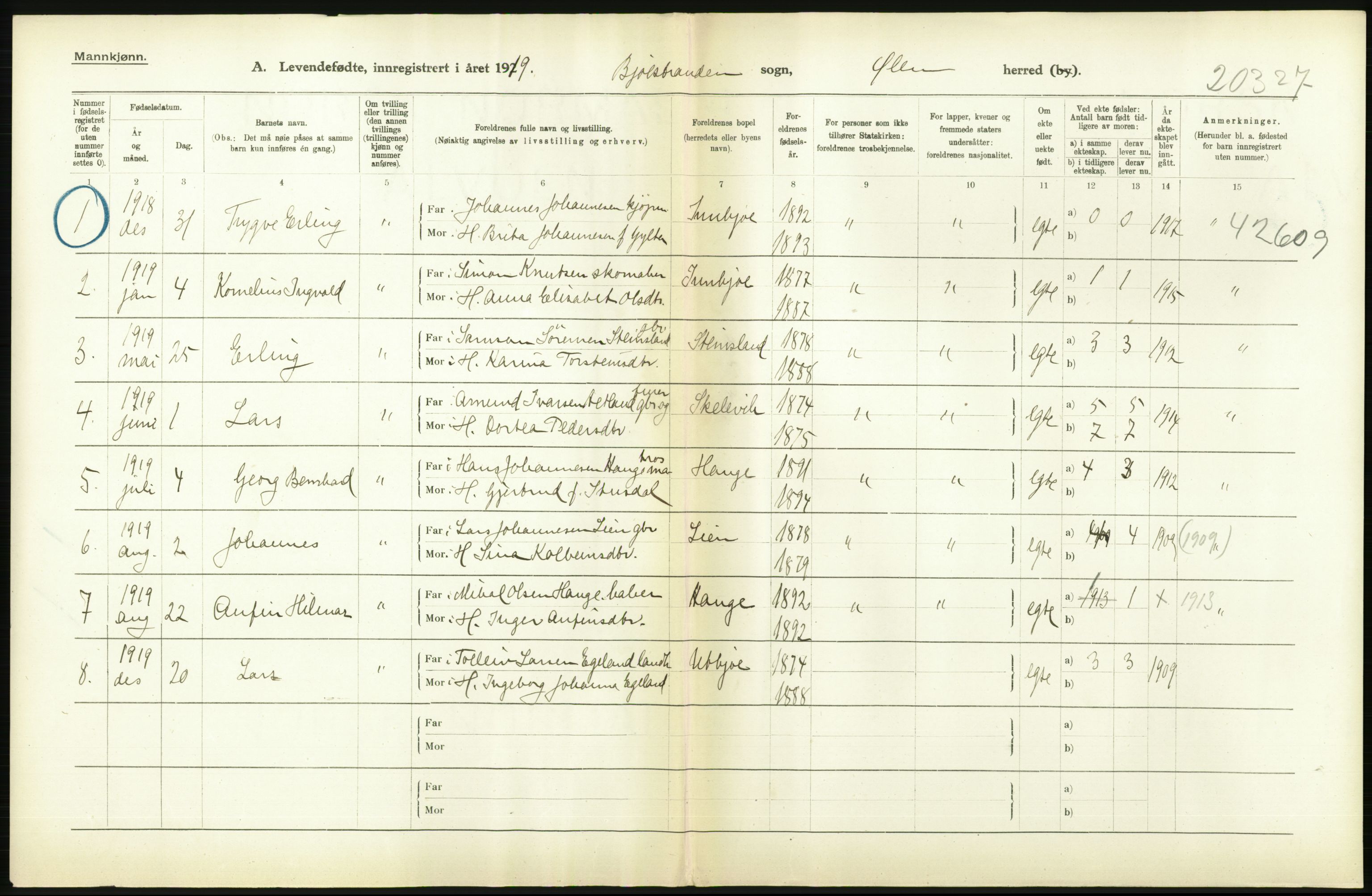 Statistisk sentralbyrå, Sosiodemografiske emner, Befolkning, RA/S-2228/D/Df/Dfb/Dfbi/L0031: Hordaland fylke: Levendefødte menn og kvinner. Bygder., 1919, p. 584