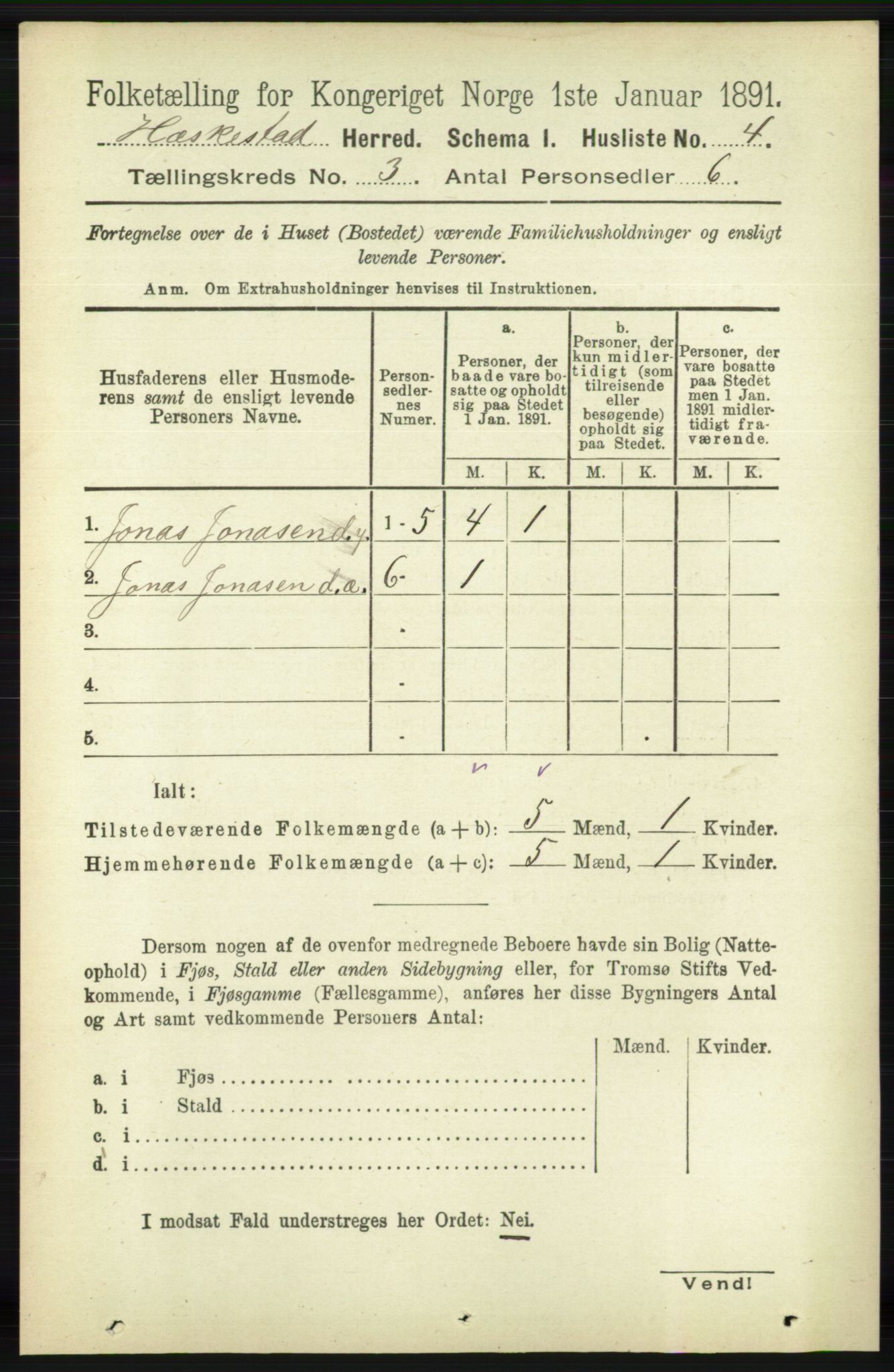 RA, 1891 census for 1113 Heskestad, 1891, p. 395