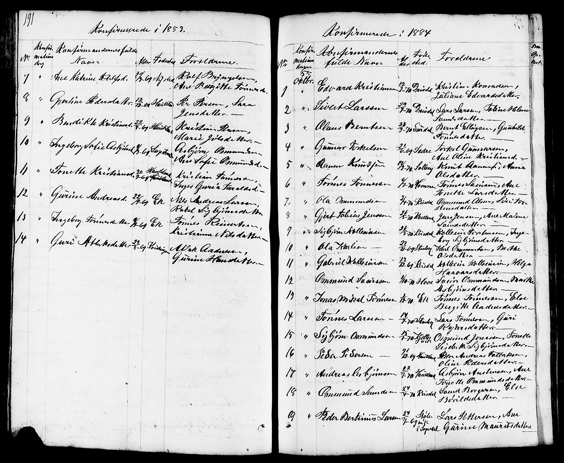 Lund sokneprestkontor, AV/SAST-A-101809/S07/L0003: Parish register (copy) no. B 3, 1848-1885, p. 191