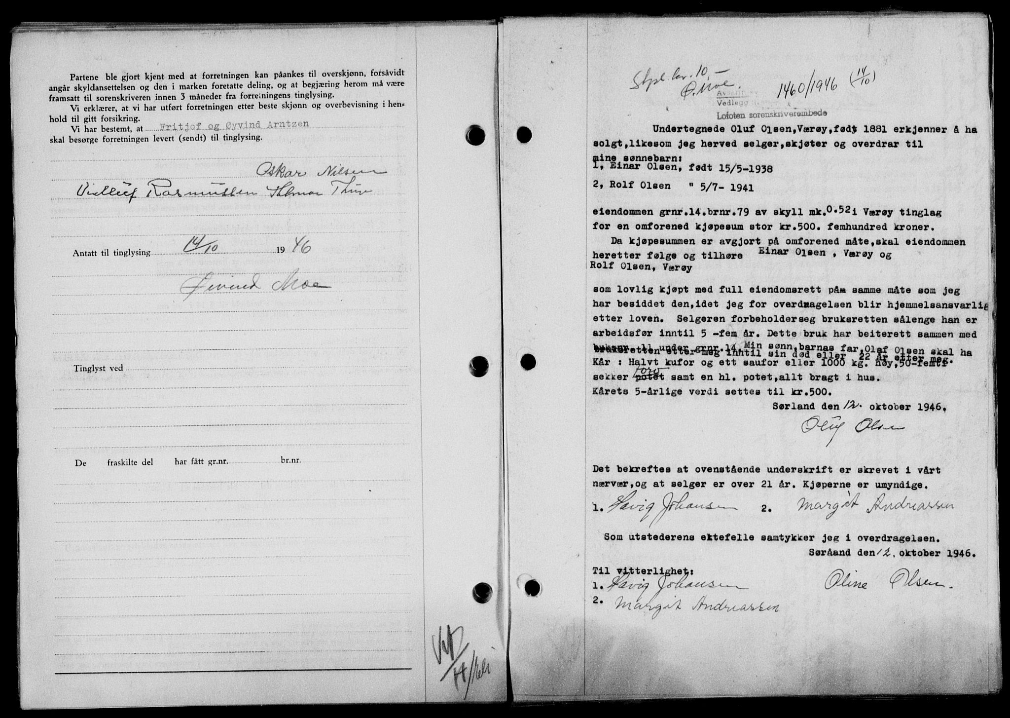 Lofoten sorenskriveri, SAT/A-0017/1/2/2C/L0014a: Mortgage book no. 14a, 1946-1946, Diary no: : 1460/1946