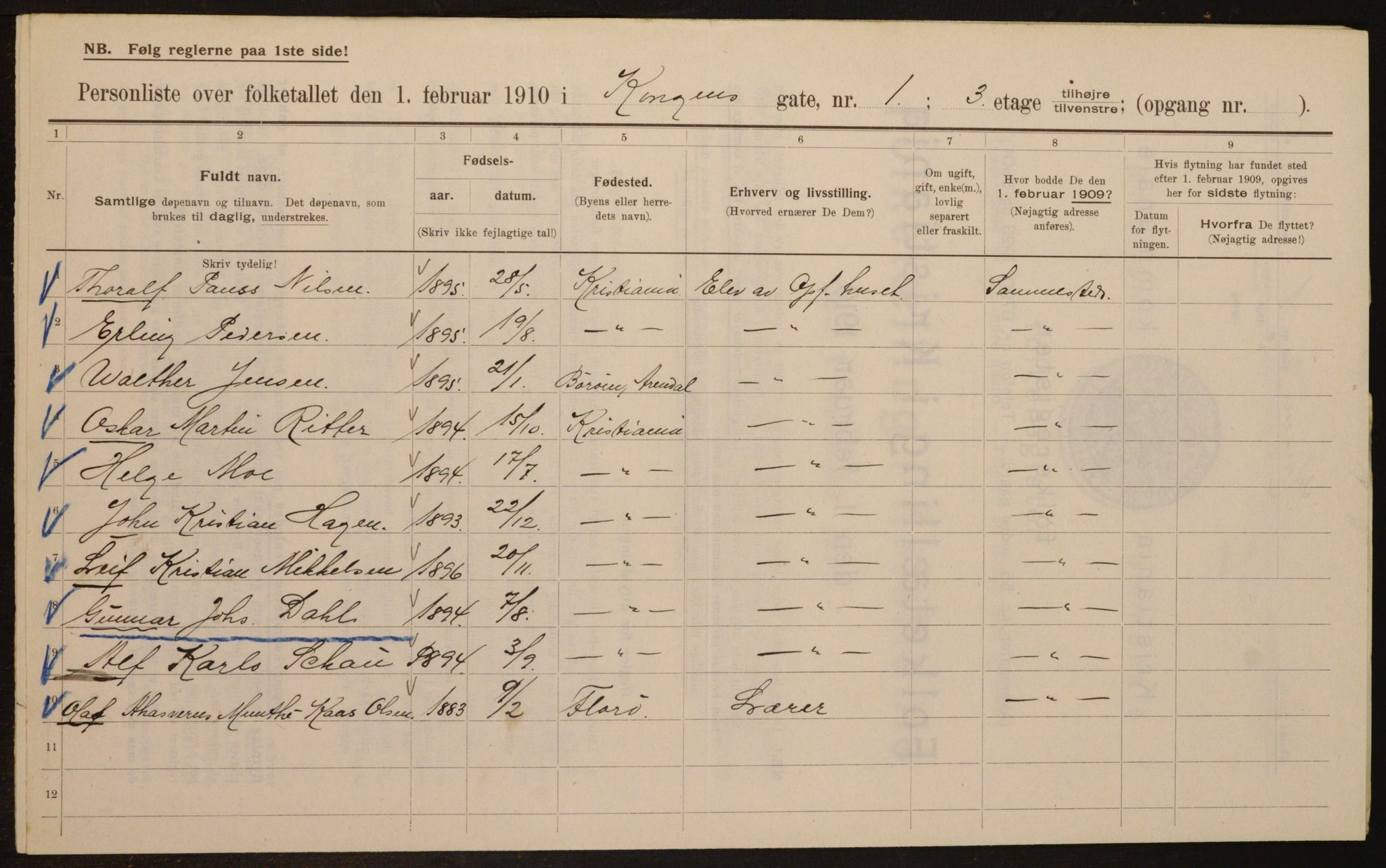 OBA, Municipal Census 1910 for Kristiania, 1910, p. 50957