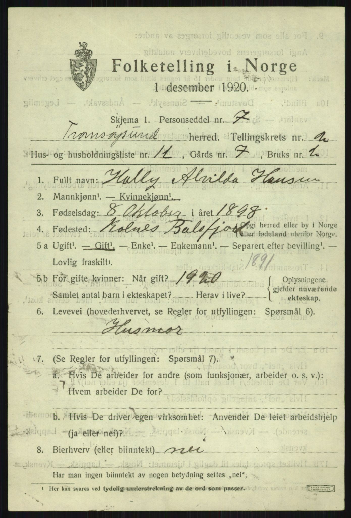 SATØ, 1920 census for Tromsøysund, 1920, p. 2534