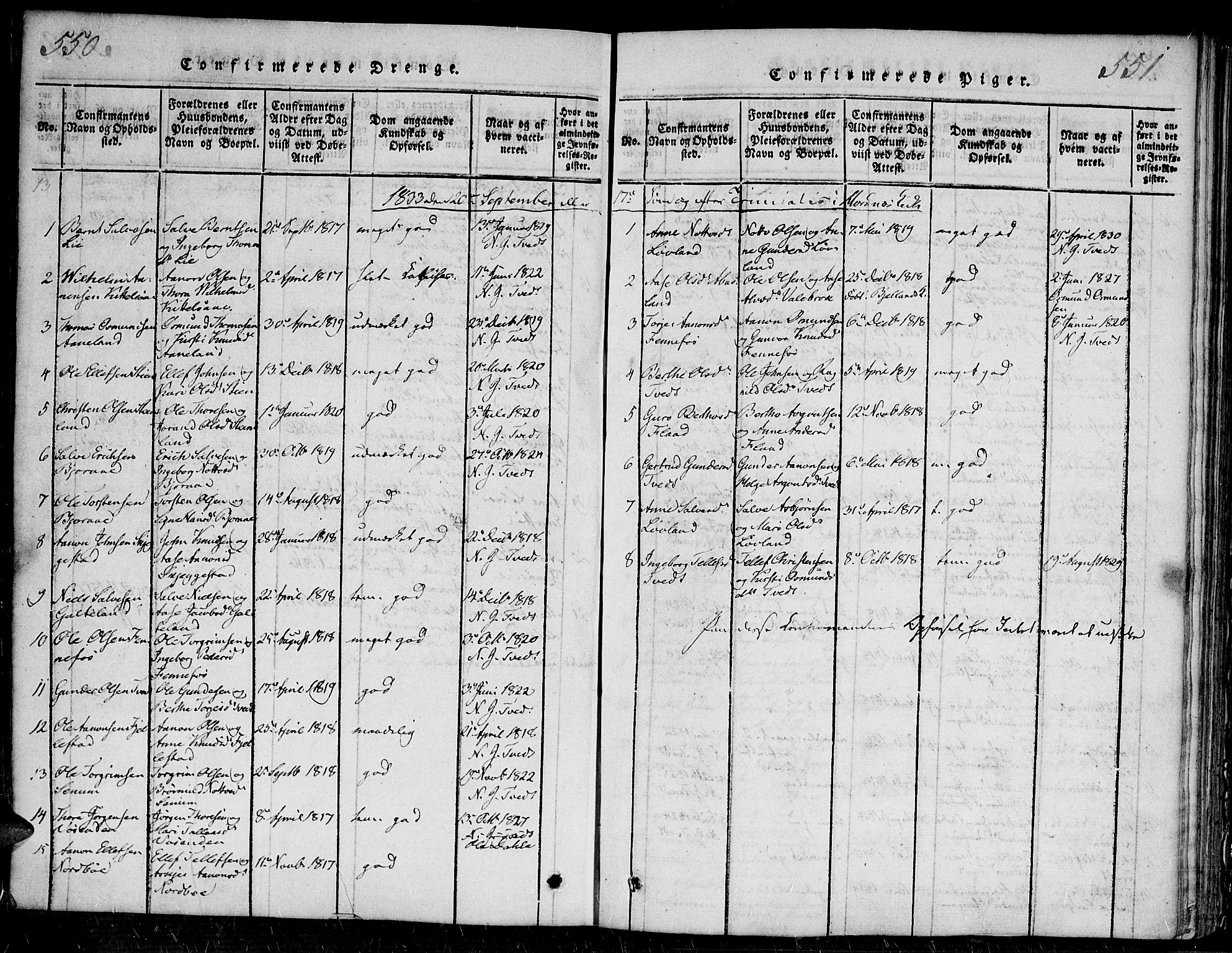 Evje sokneprestkontor, SAK/1111-0008/F/Fa/Faa/L0004: Parish register (official) no. A 4, 1816-1840, p. 550-551