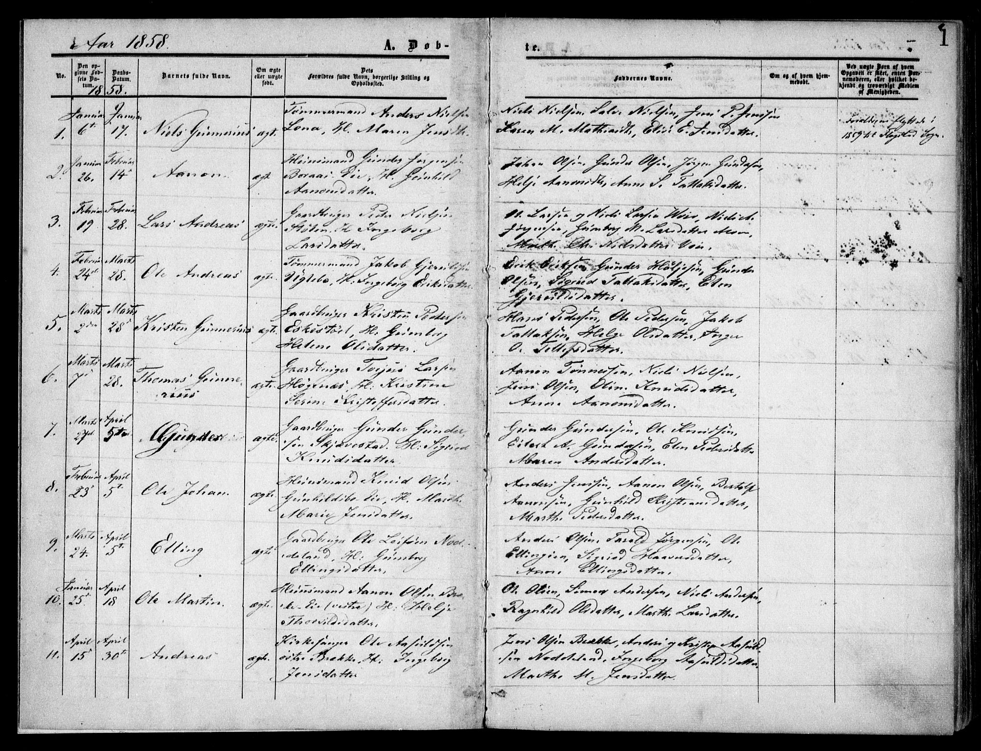 Austre Moland sokneprestkontor, SAK/1111-0001/F/Fa/Faa/L0008: Parish register (official) no. A 8, 1858-1868, p. 1