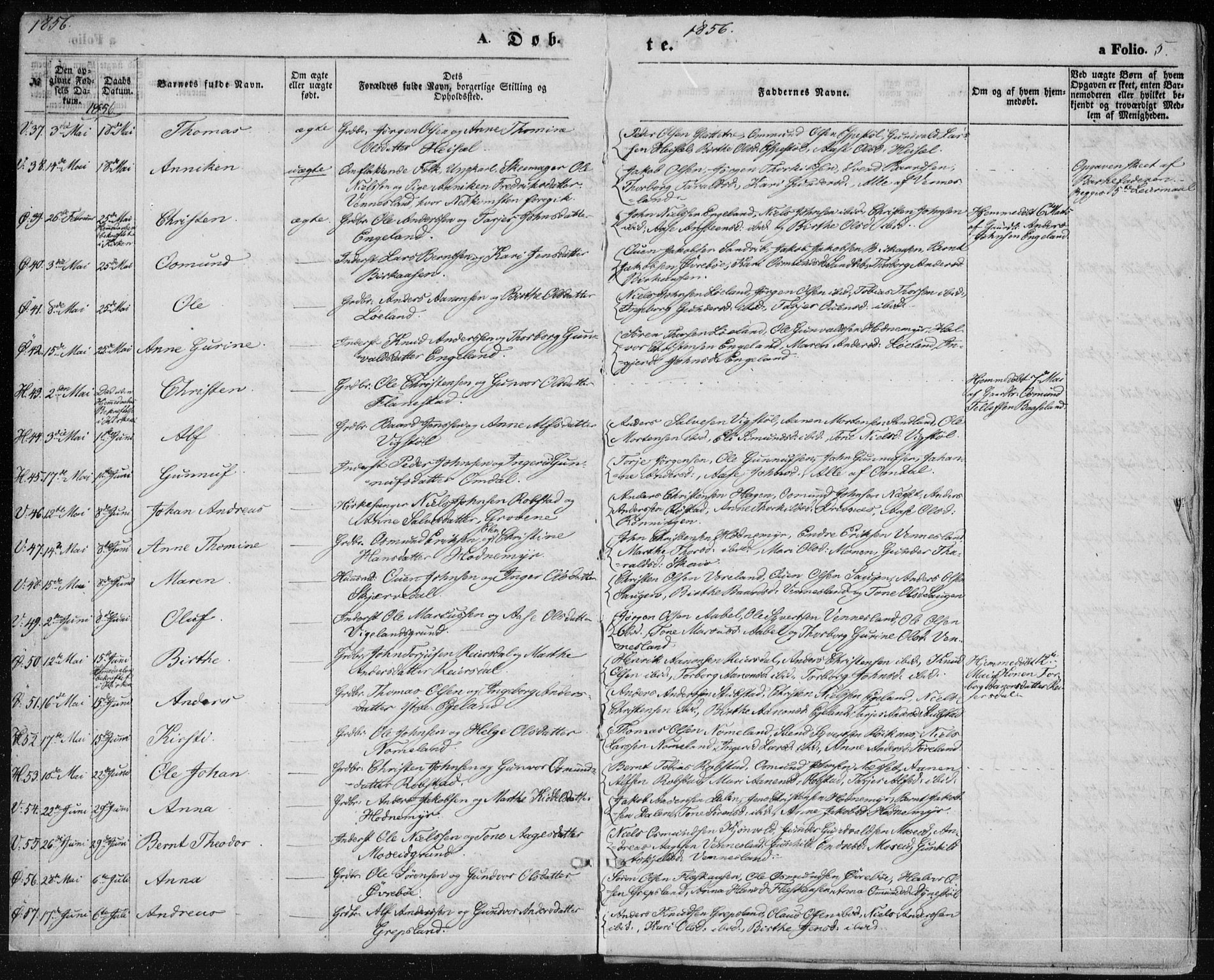 Vennesla sokneprestkontor, AV/SAK-1111-0045/Fa/Fac/L0007: Parish register (official) no. A 7, 1855-1873, p. 5