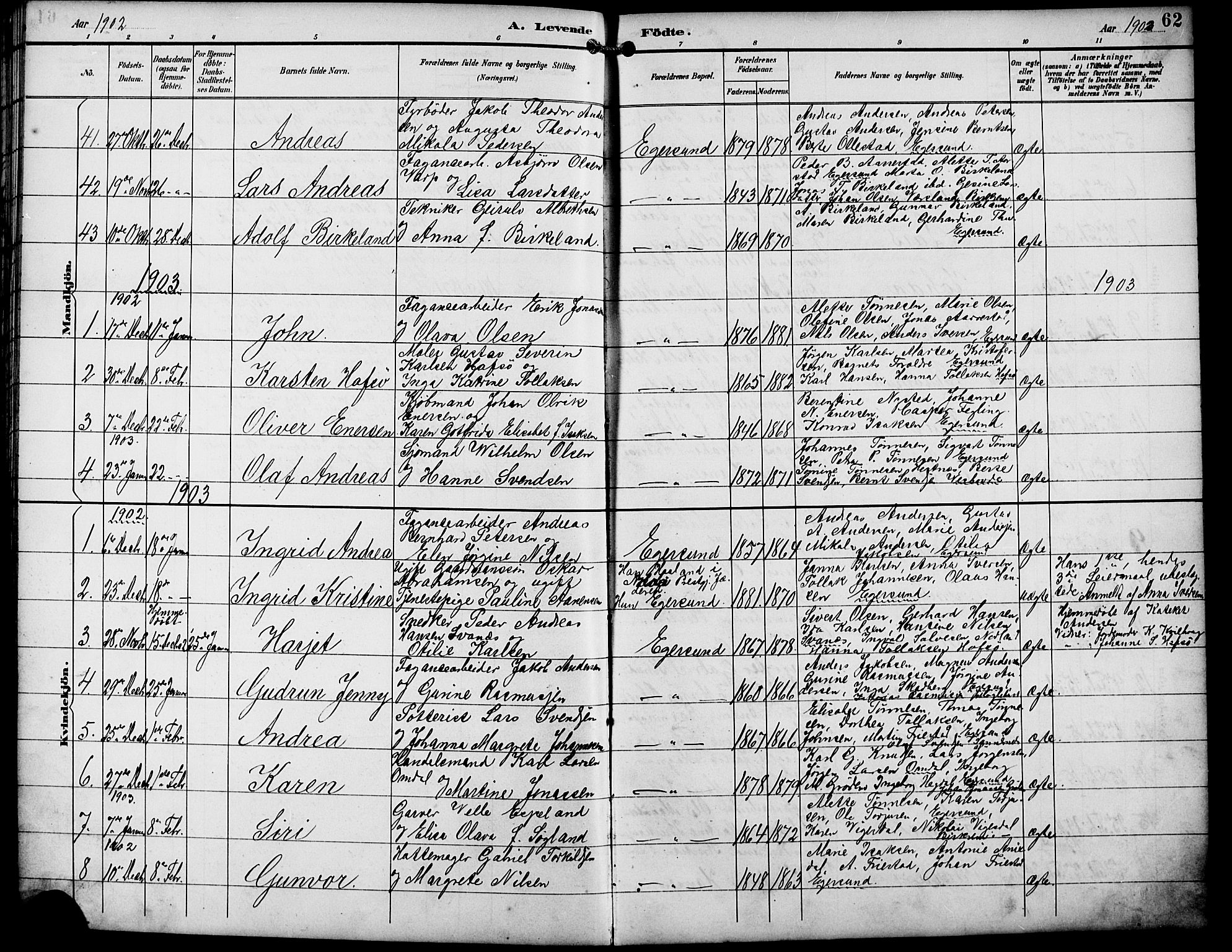 Eigersund sokneprestkontor, SAST/A-101807/S09/L0010: Parish register (copy) no. B 10, 1893-1907, p. 62