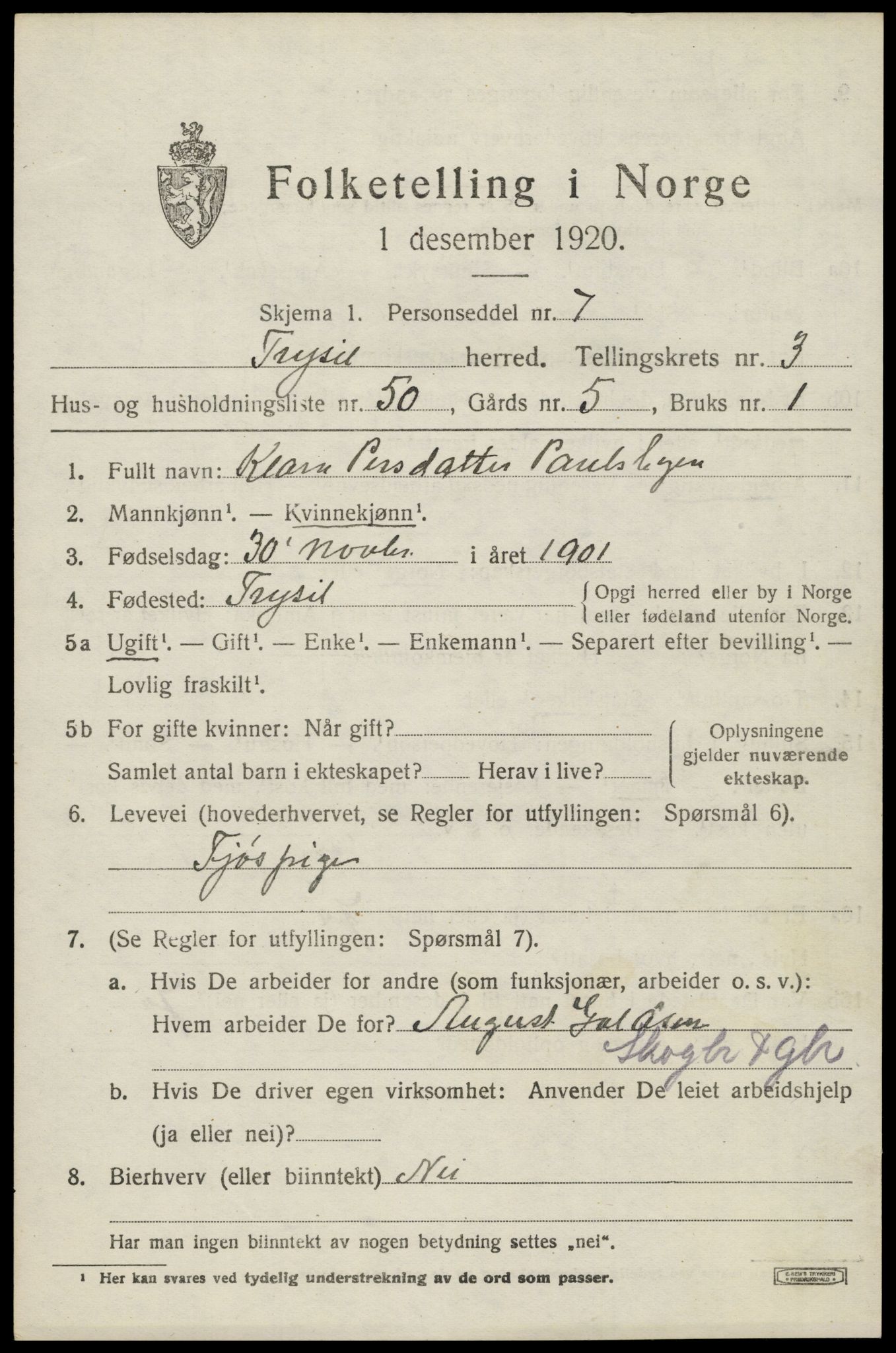 SAH, 1920 census for Trysil, 1920, p. 4077