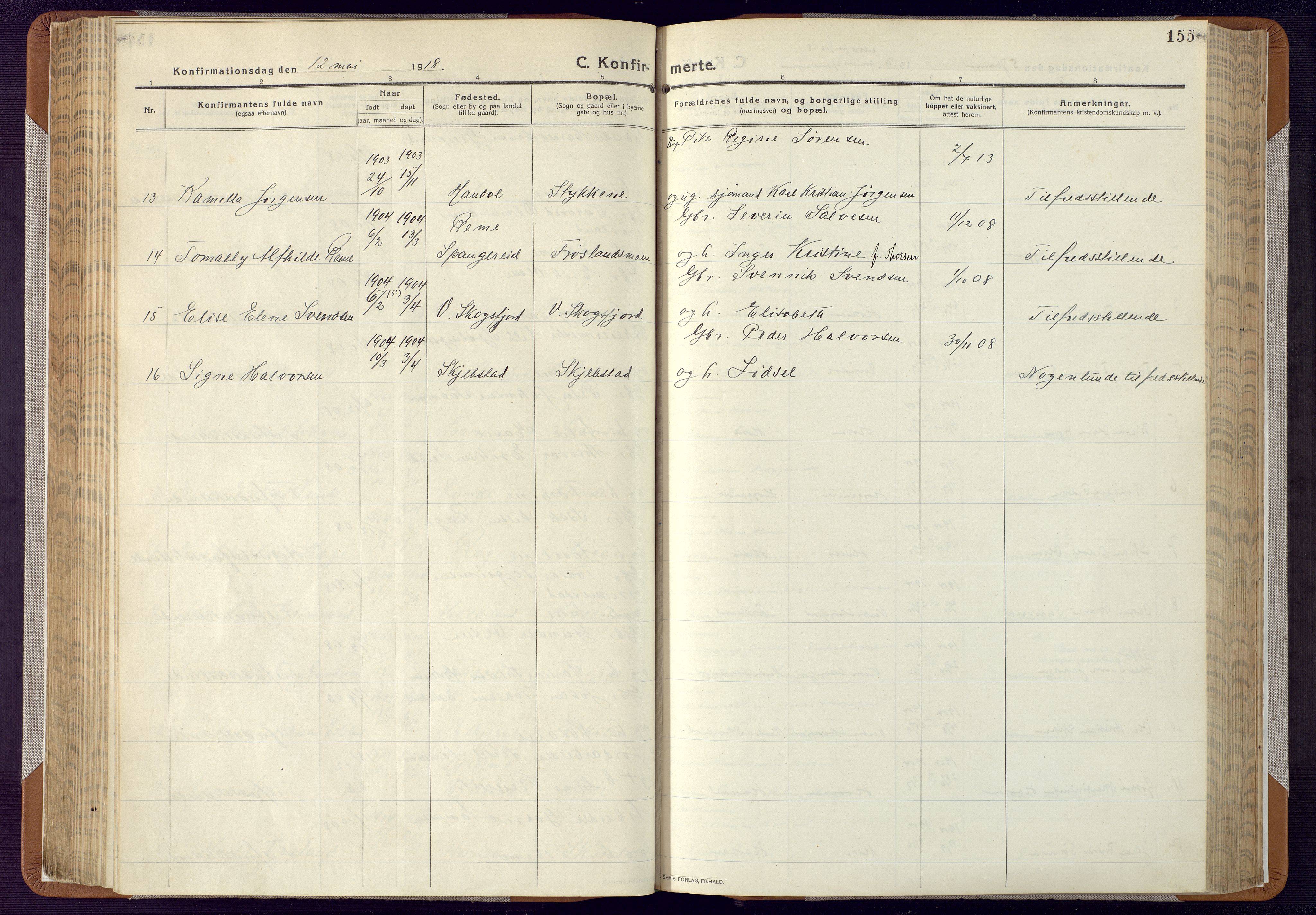 Mandal sokneprestkontor, AV/SAK-1111-0030/F/Fa/Faa/L0022: Parish register (official) no. A 22, 1913-1925, p. 155