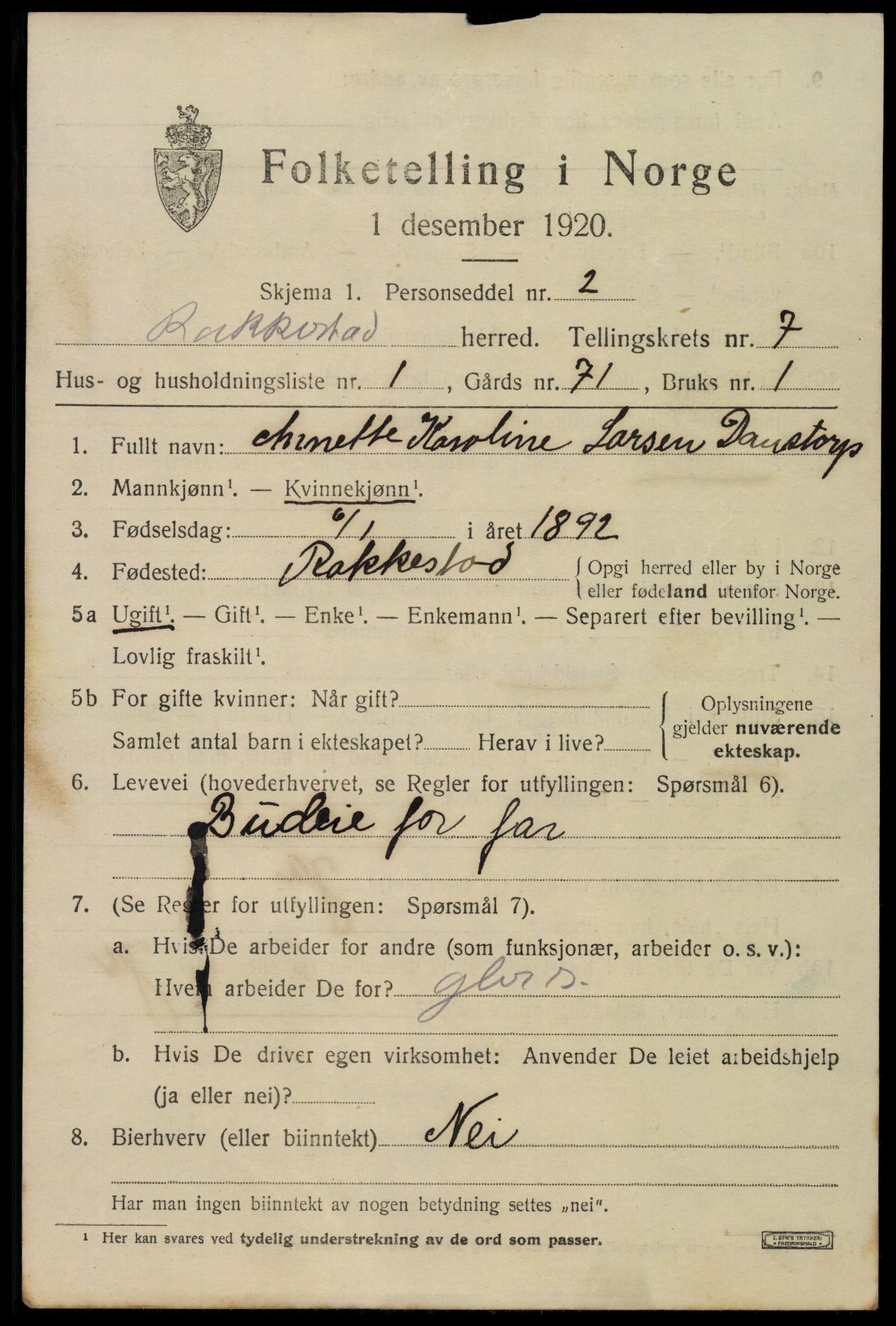 SAO, 1920 census for Rakkestad, 1920, p. 6821