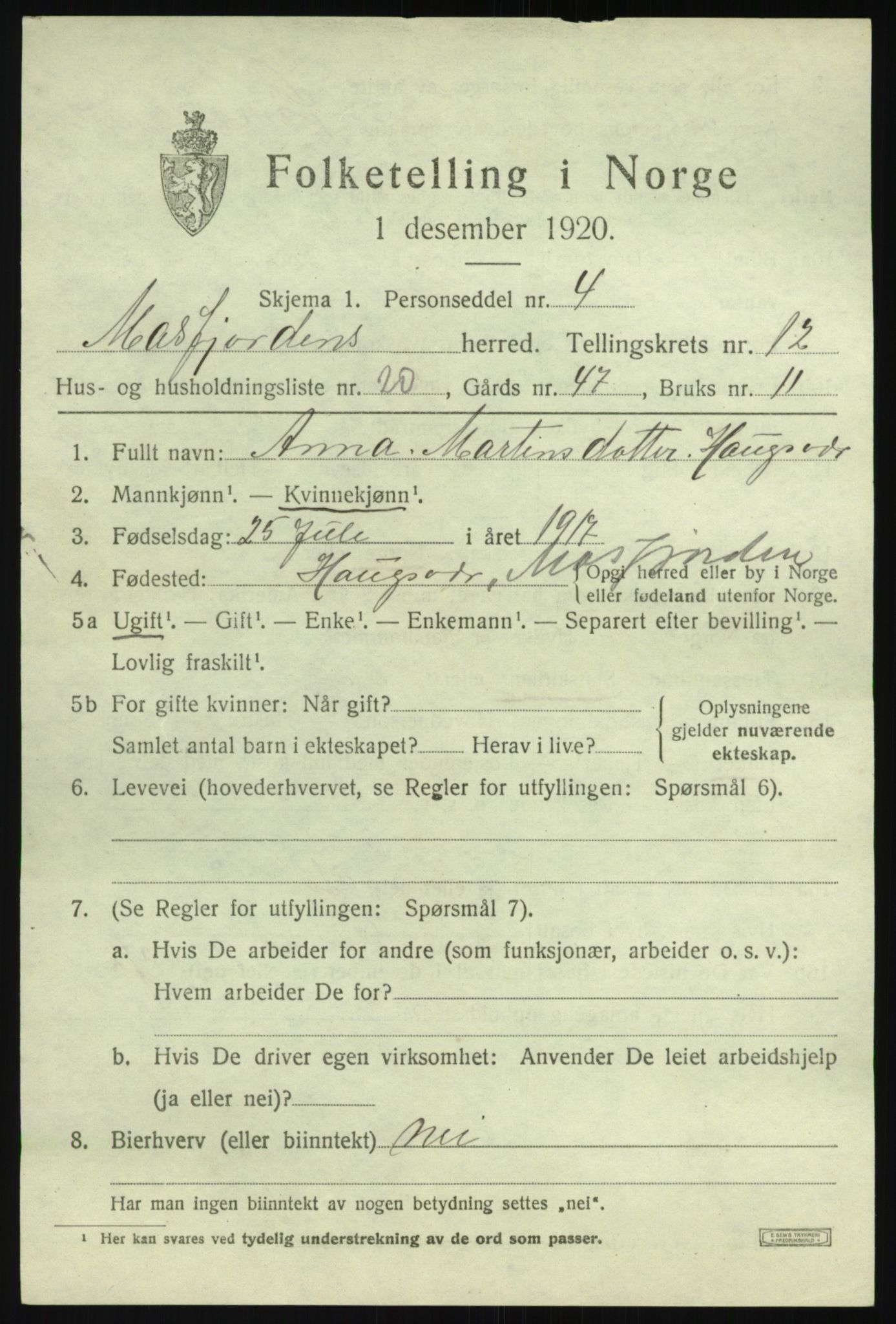 SAB, 1920 census for Masfjorden, 1920, p. 4767