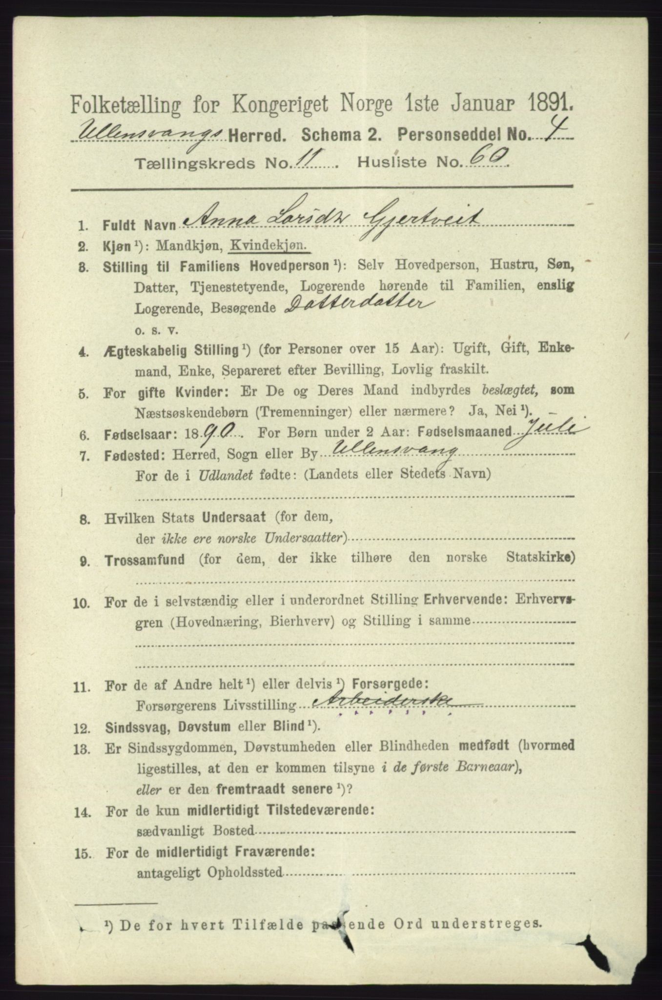 RA, 1891 census for 1230 Ullensvang, 1891, p. 4594