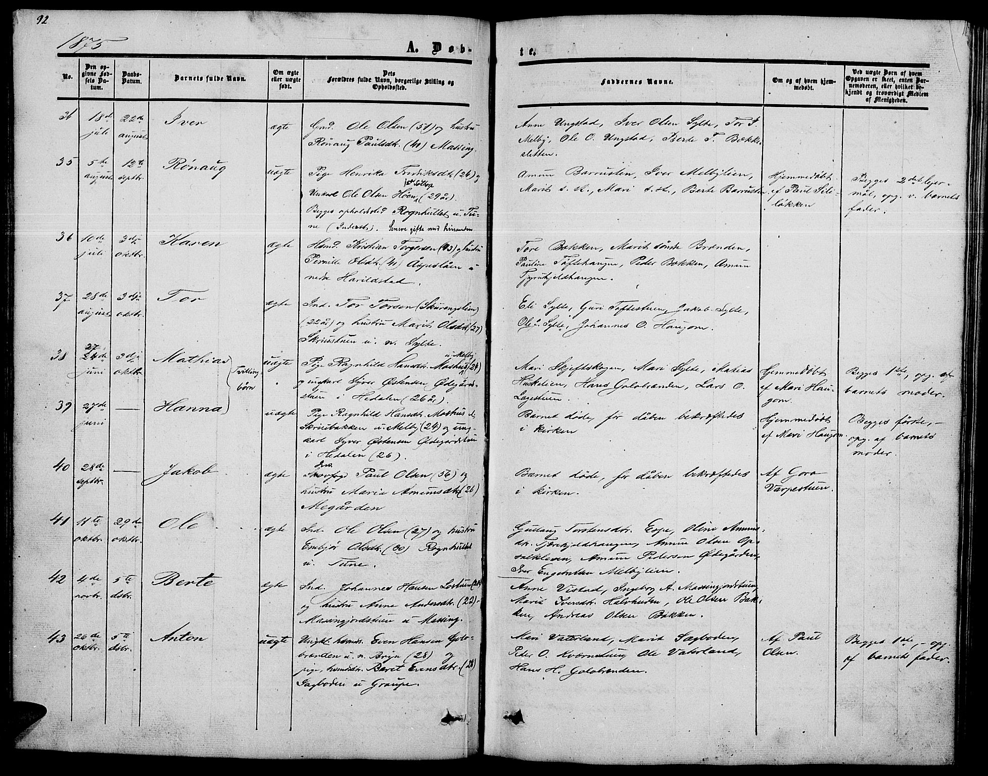 Nord-Fron prestekontor, SAH/PREST-080/H/Ha/Hab/L0002: Parish register (copy) no. 2, 1851-1883, p. 92