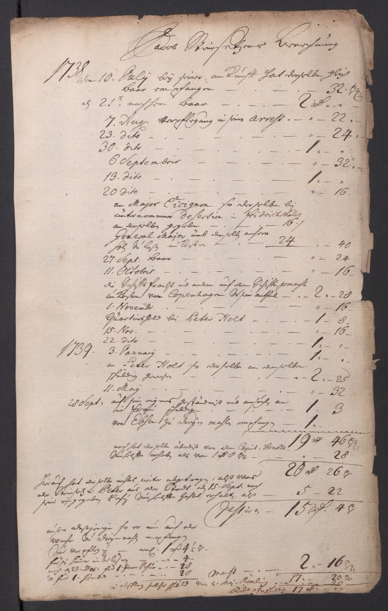 Kommanderende general (KG I) med Det norske krigsdirektorium, AV/RA-EA-5419/D/L0154: Fredriksten festning: Brev, inventarfortegnelser og regnskapsekstrakter, 1730-1739, p. 553