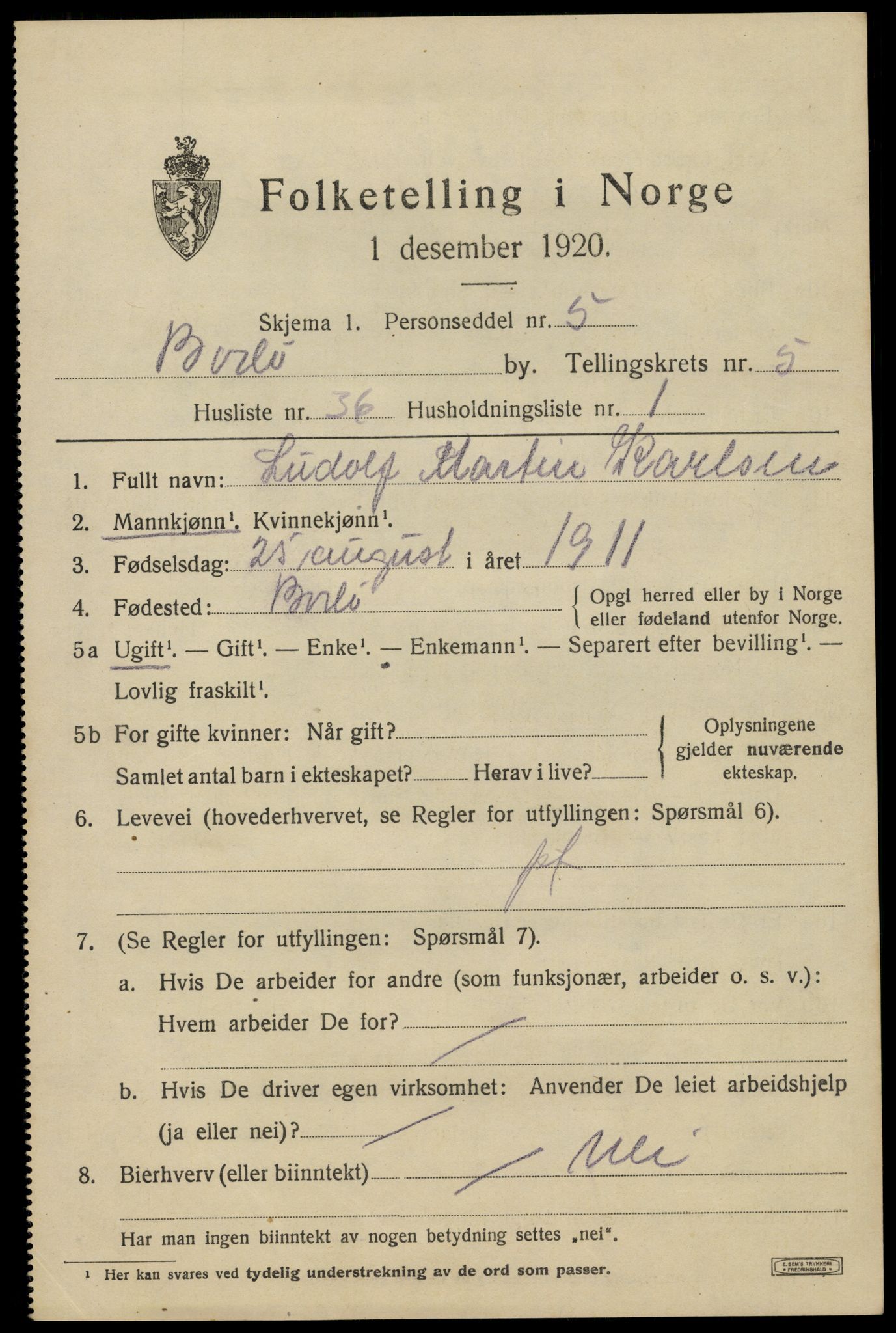 SAT, 1920 census for Bodø, 1920, p. 9293