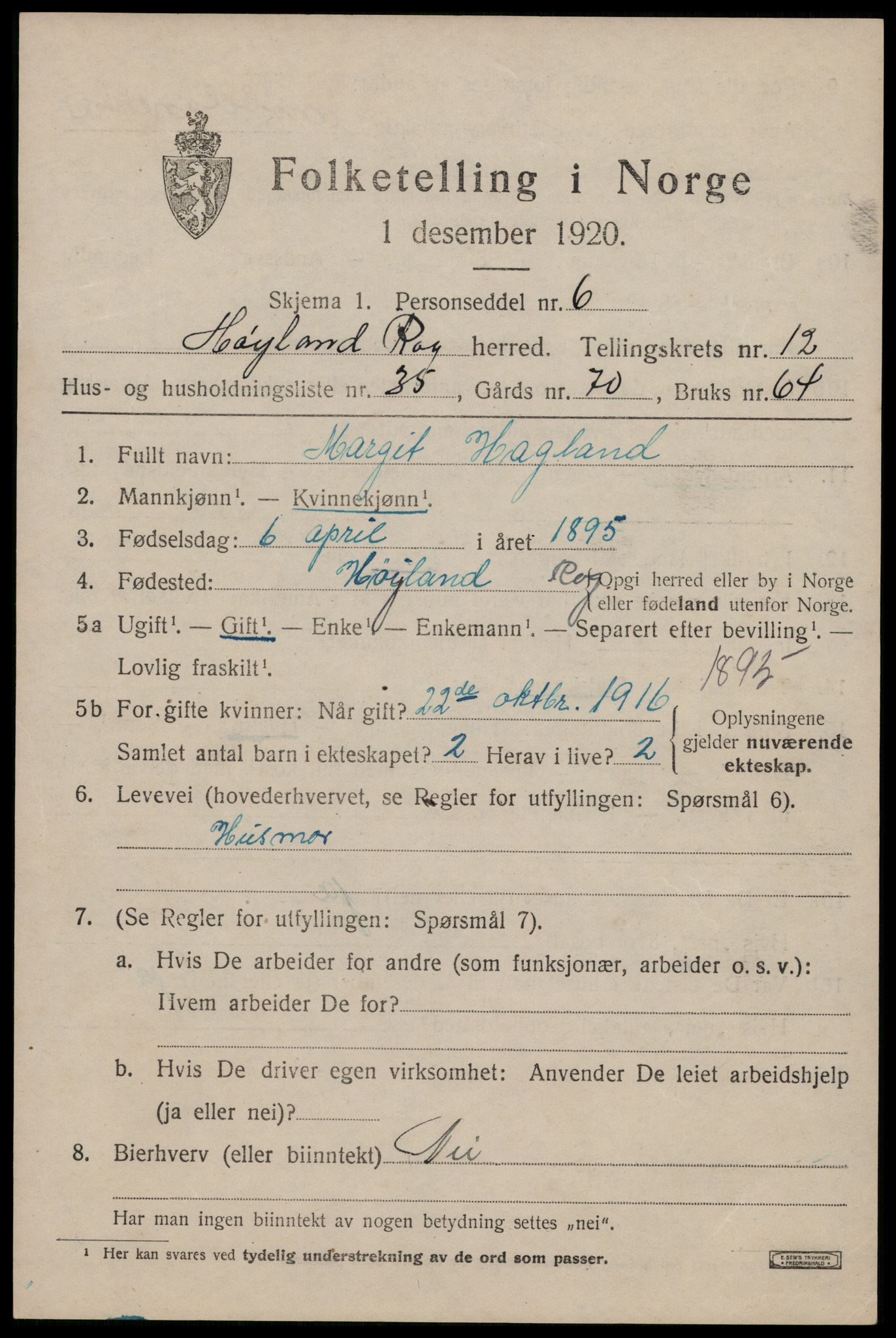 SAST, 1920 census for Høyland, 1920, p. 9796