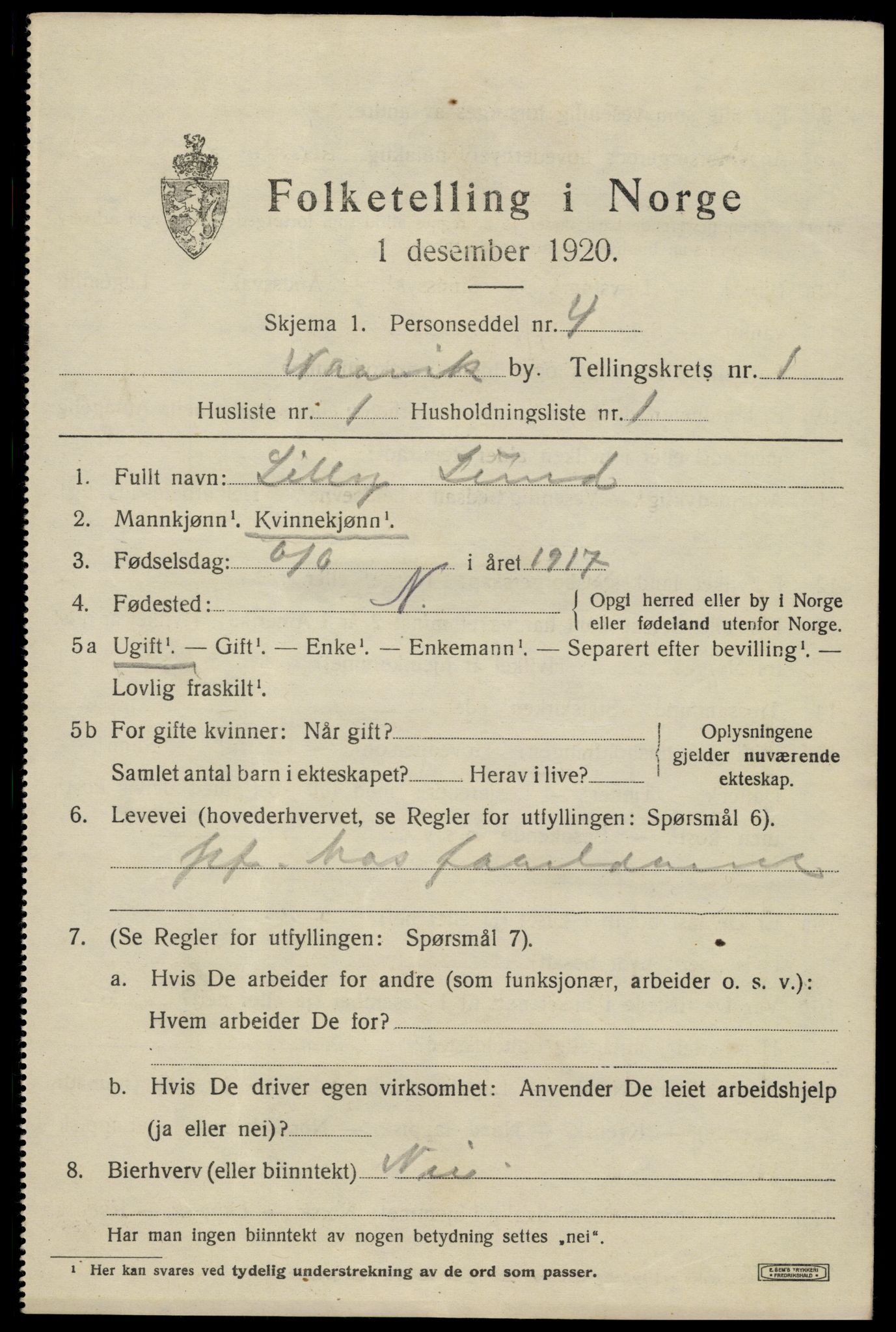 SAT, 1920 census for Narvik, 1920, p. 3992