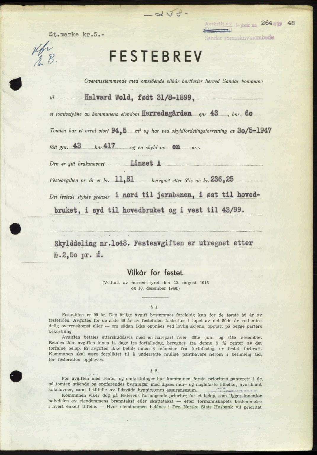Sandar sorenskriveri, AV/SAKO-A-86/G/Ga/Gaa/L0016: Mortgage book no. A-16, 1947-1948, Diary no: : 264/1948