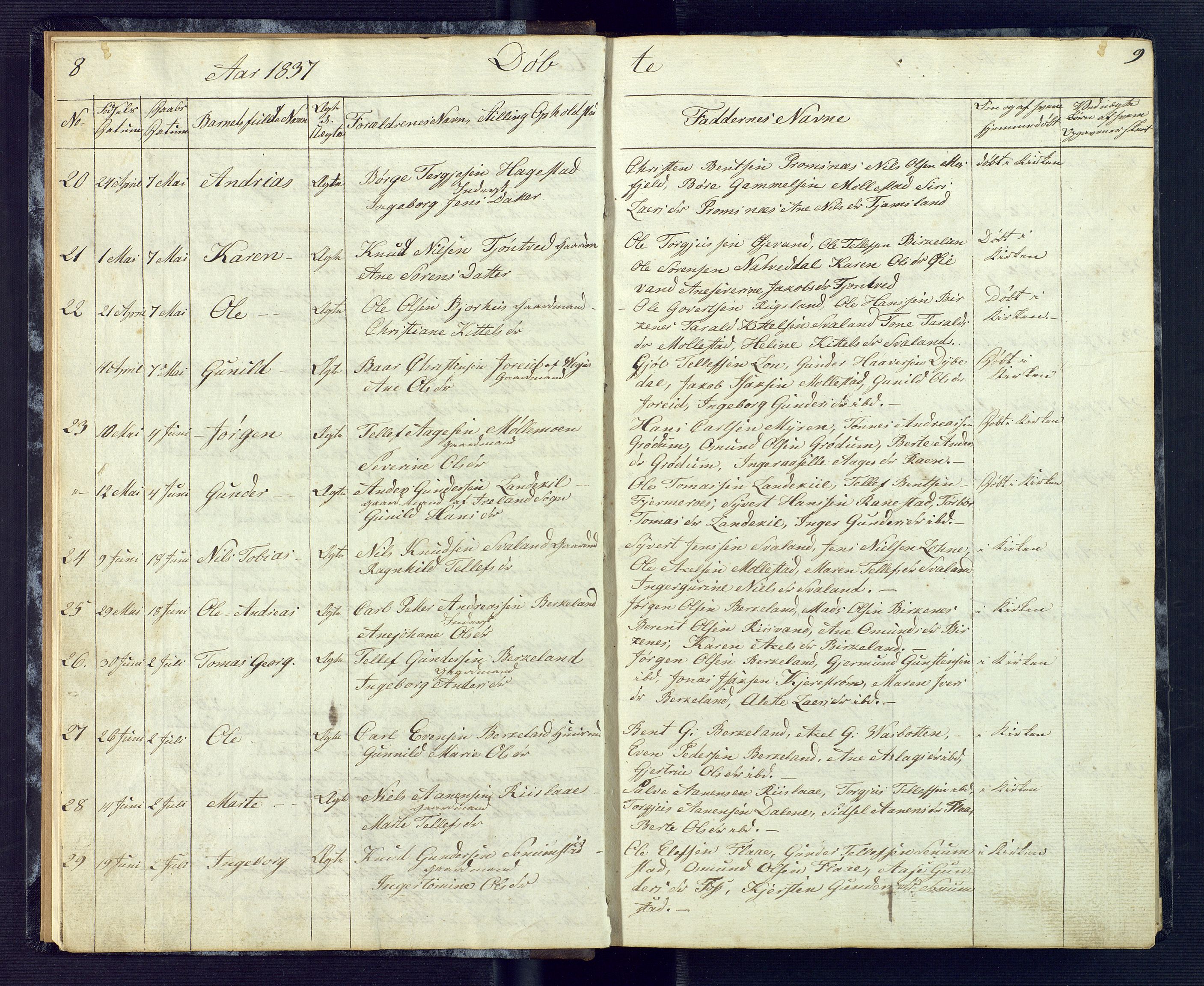 Birkenes sokneprestkontor, AV/SAK-1111-0004/F/Fb/L0001: Parish register (copy) no. B 1, 1837-1856, p. 8-9