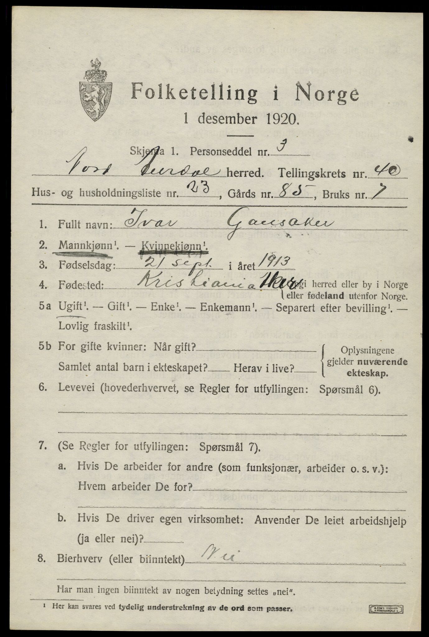 SAH, 1920 census for Nord-Aurdal, 1920, p. 3980