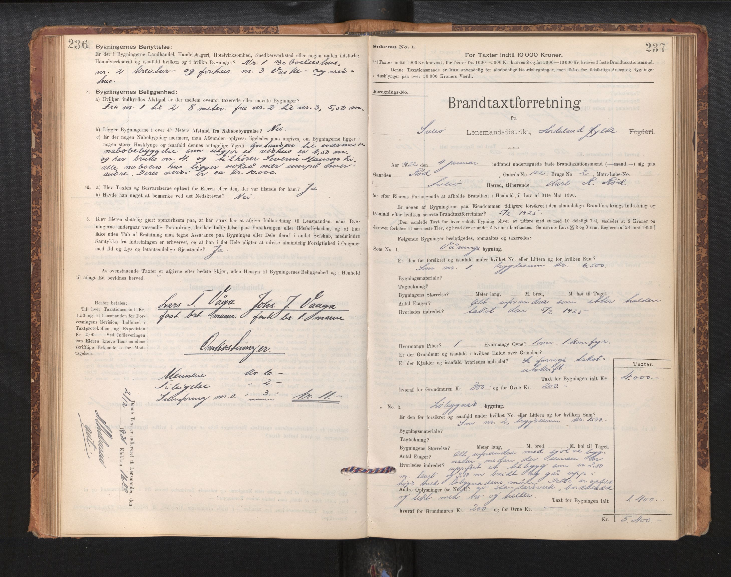Lensmannen i Sveio, SAB/A-35301/0012/L0008: Branntakstprotokoll, skjematakst, 1912-1939, p. 236-237