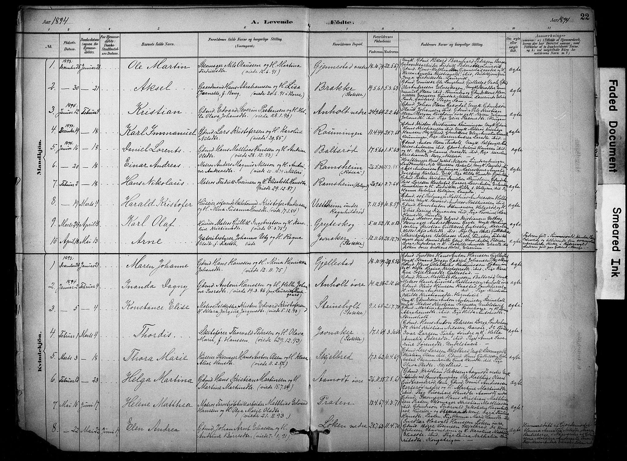 Stokke kirkebøker, AV/SAKO-A-320/F/Fb/L0001: Parish register (official) no. II 1, 1884-1910, p. 22