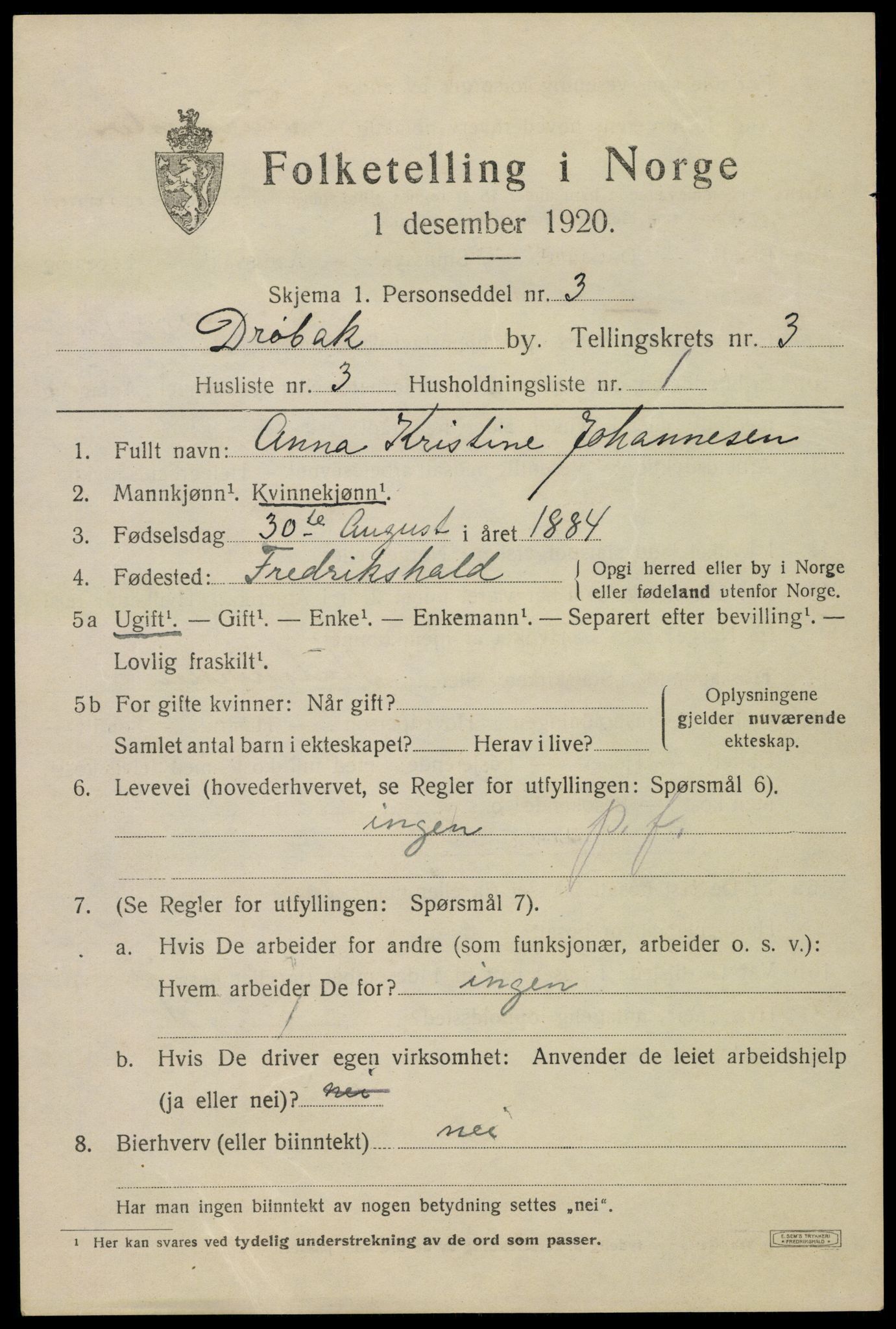 SAO, 1920 census for Drøbak, 1920, p. 3407