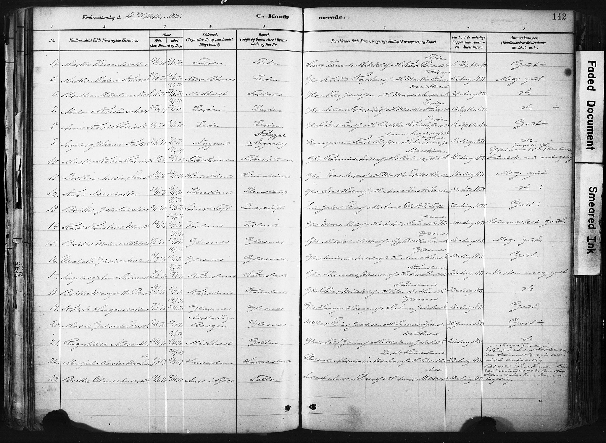 Sund sokneprestembete, AV/SAB-A-99930: Parish register (official) no. B 1, 1882-1907, p. 142