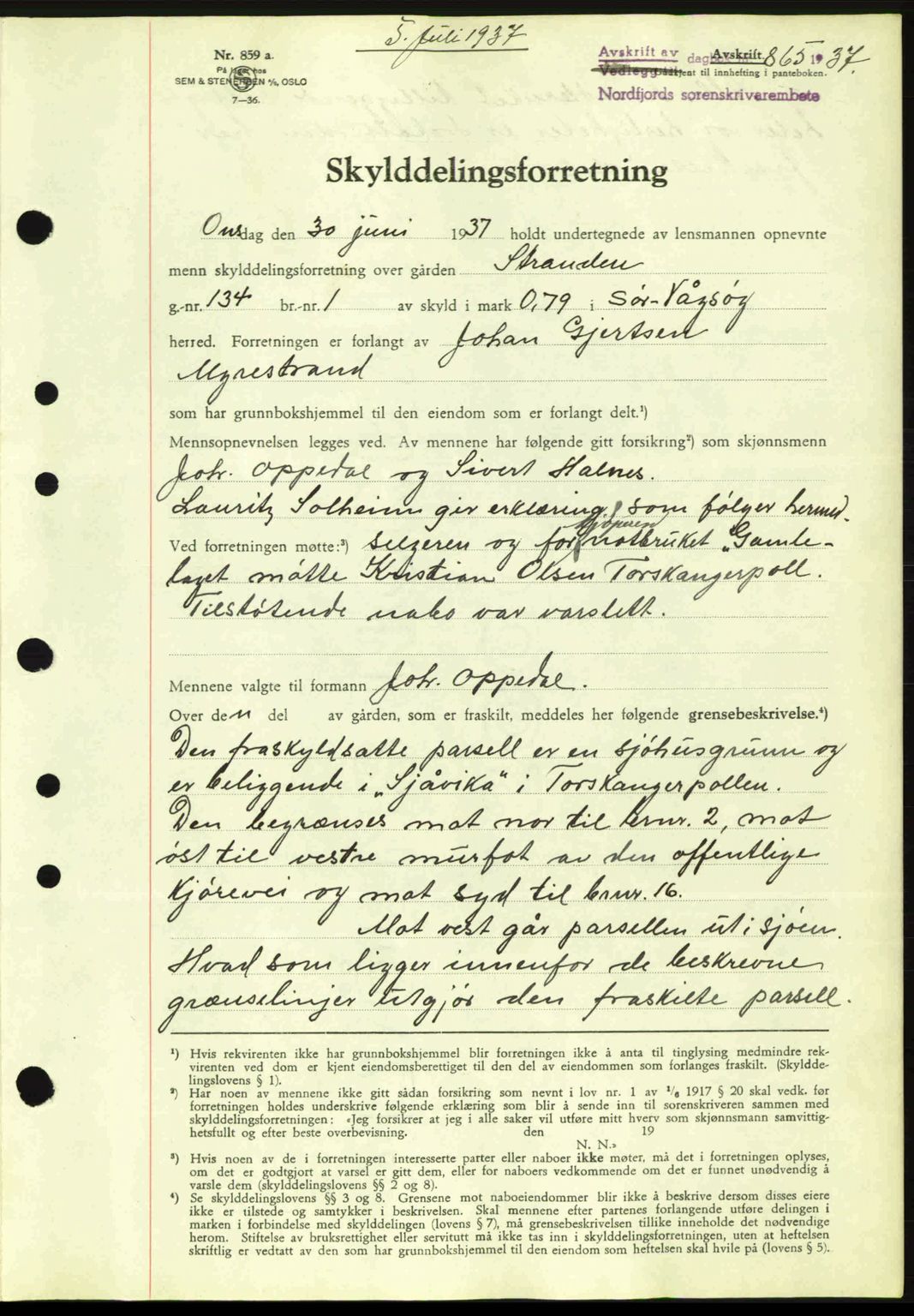 Nordfjord sorenskriveri, SAB/A-2801/02/02b/02bj/L0002: Mortgage book no. A2, 1937-1938, Diary no: : 865/1937
