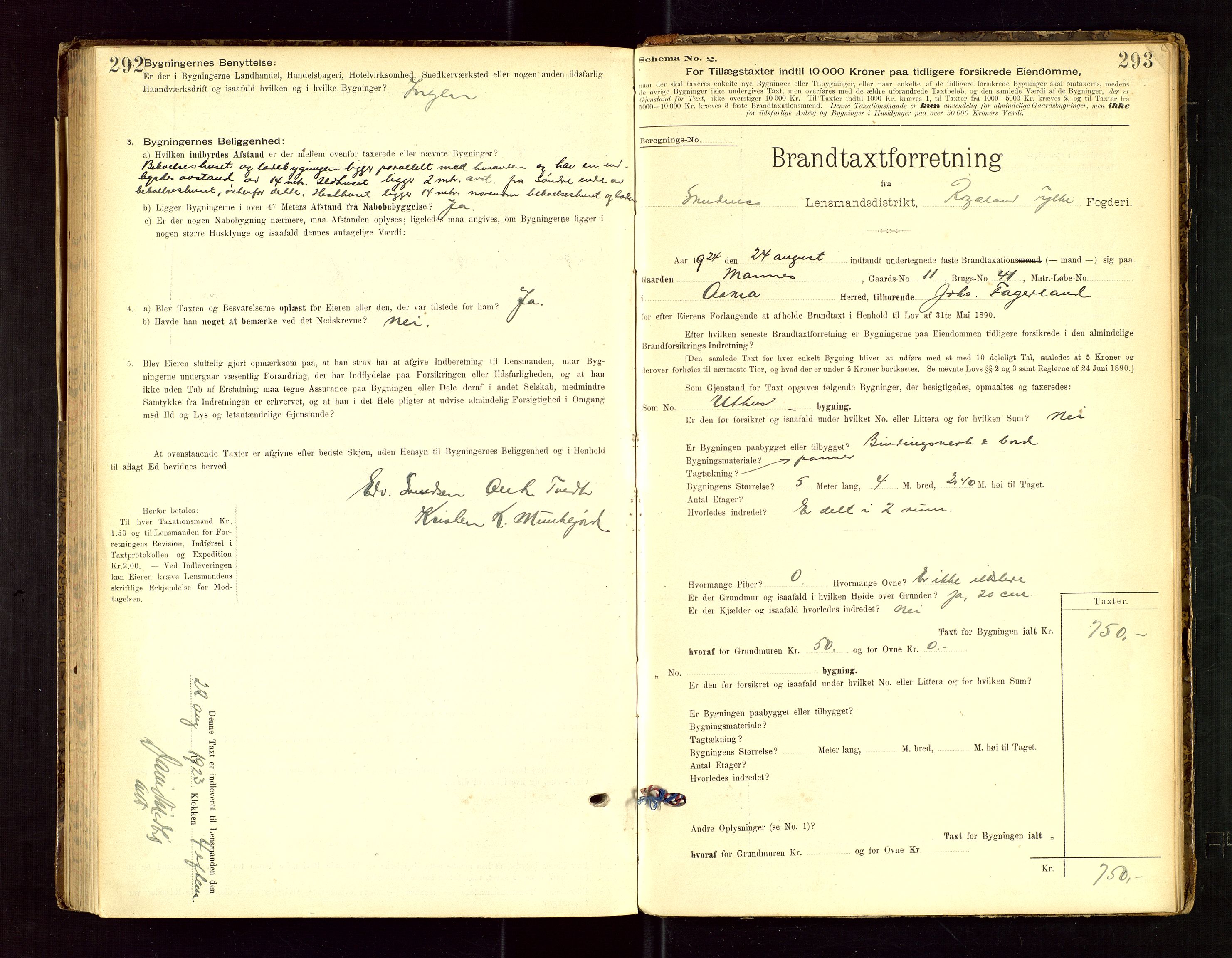 Skudenes lensmannskontor, SAST/A-100444/Gob/L0001: "Brandtaxationsprotokoll", 1895-1924, p. 292-293