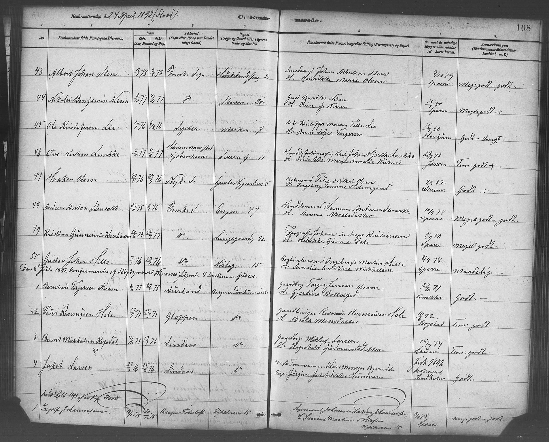 Domkirken sokneprestembete, SAB/A-74801/H/Haa/L0030: Parish register (official) no. C 5, 1880-1898, p. 108