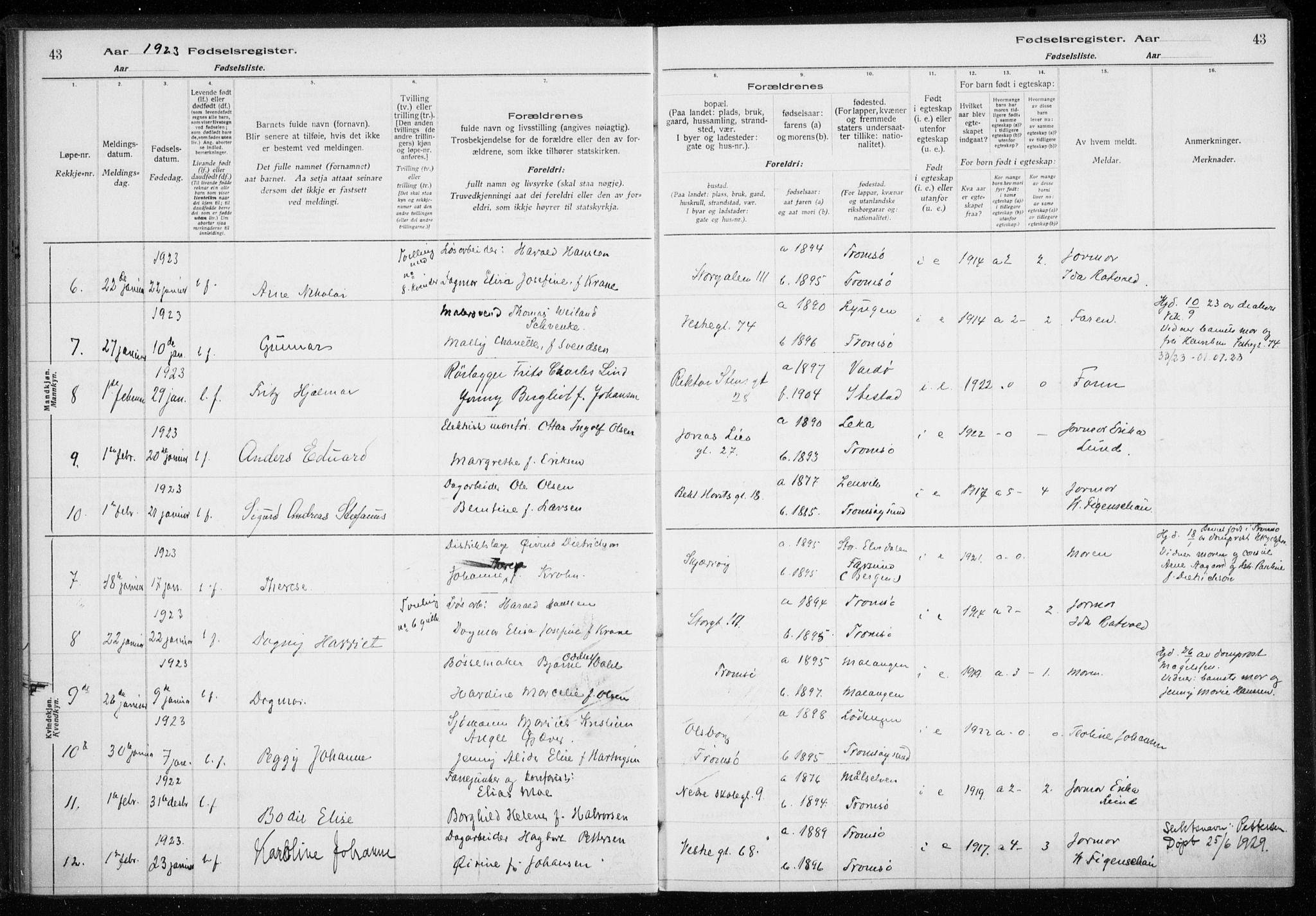 Tromsø sokneprestkontor/stiftsprosti/domprosti, AV/SATØ-S-1343/H/Ha/L0132: Birth register no. 132, 1921-1927, p. 43