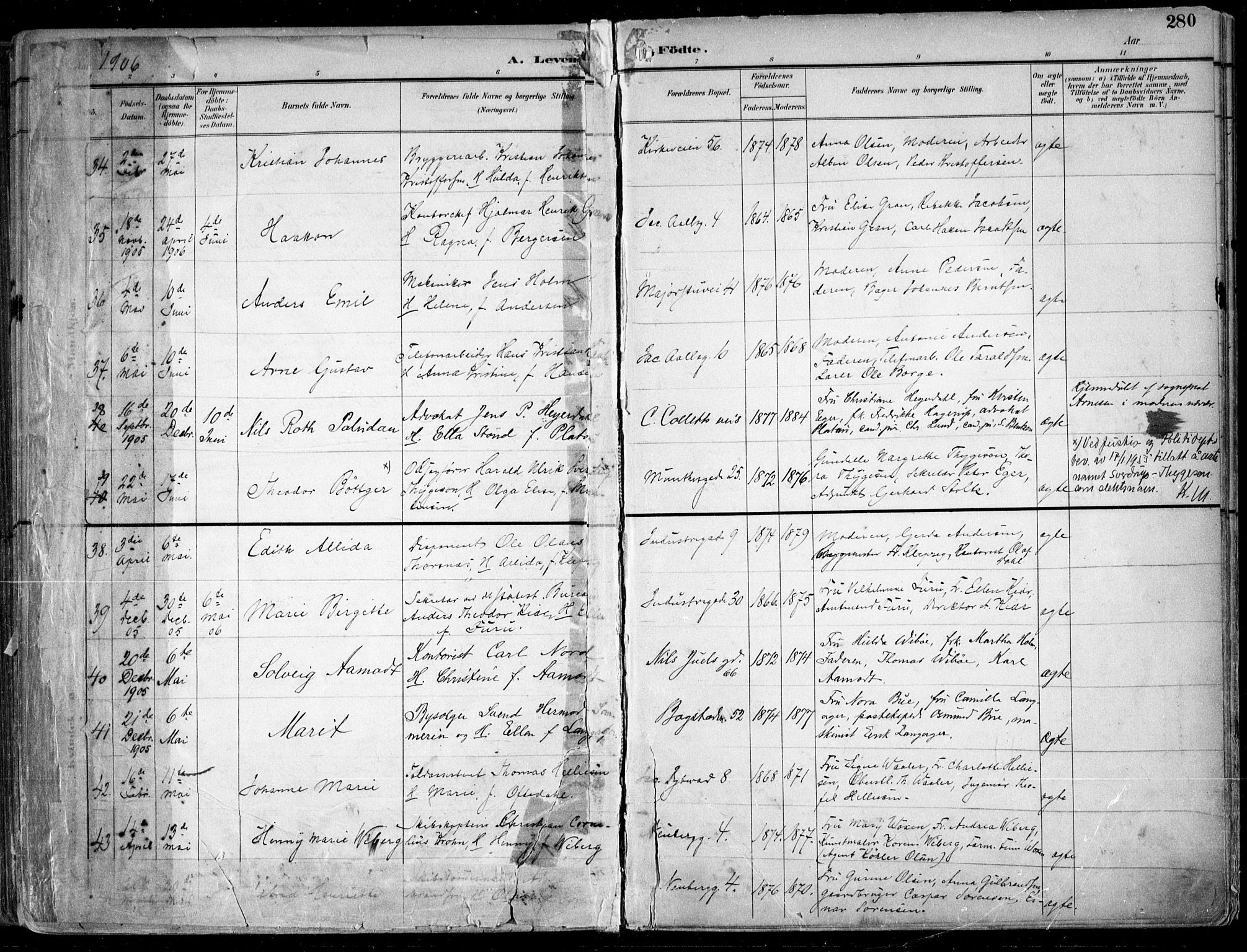 Uranienborg prestekontor Kirkebøker, AV/SAO-A-10877/F/Fa/L0005: Parish register (official) no. 5, 1895-1907, p. 280