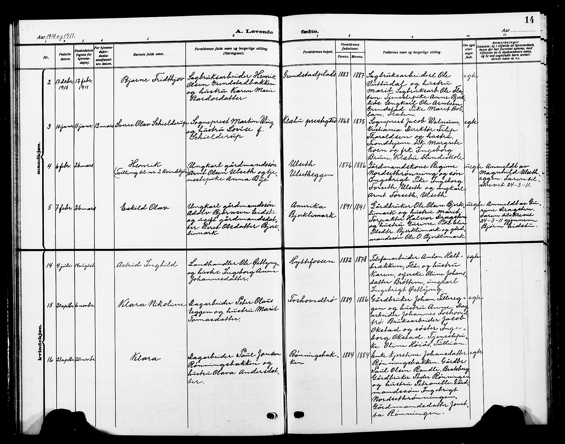Ministerialprotokoller, klokkerbøker og fødselsregistre - Sør-Trøndelag, SAT/A-1456/618/L0453: Parish register (copy) no. 618C04, 1907-1925, p. 14