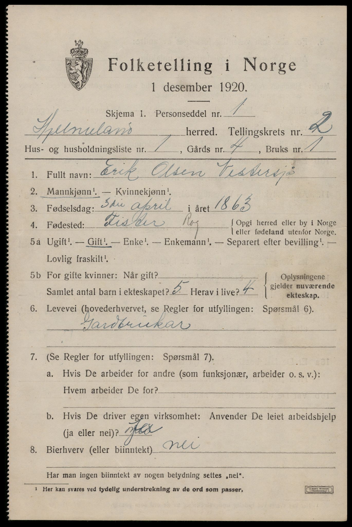 SAST, 1920 census for Hjelmeland, 1920, p. 1071