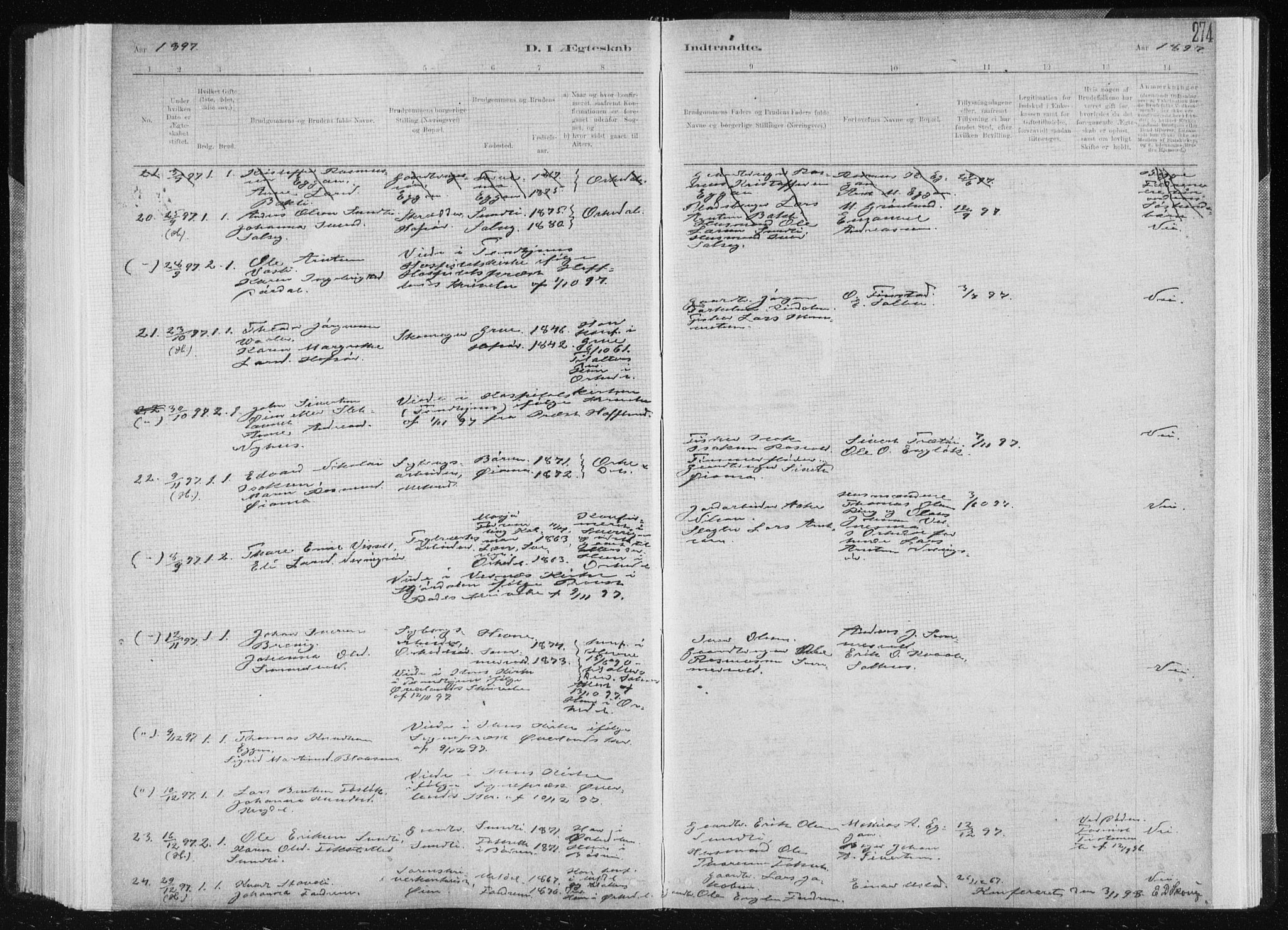 Ministerialprotokoller, klokkerbøker og fødselsregistre - Sør-Trøndelag, SAT/A-1456/668/L0818: Parish register (copy) no. 668C07, 1885-1898, p. 274
