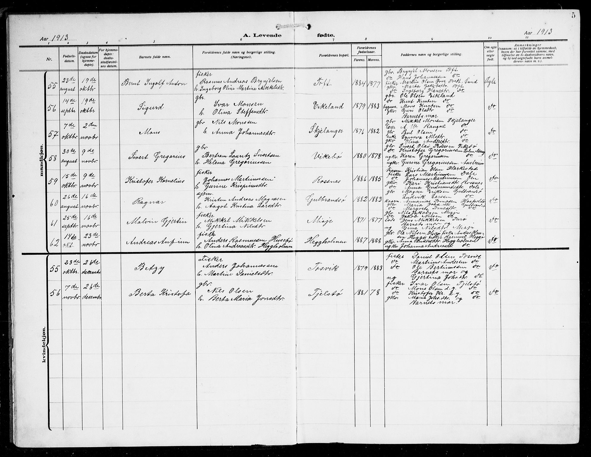 Herdla Sokneprestembete, AV/SAB-A-75701/H/Hab: Parish register (copy) no. C 2, 1913-1926, p. 5