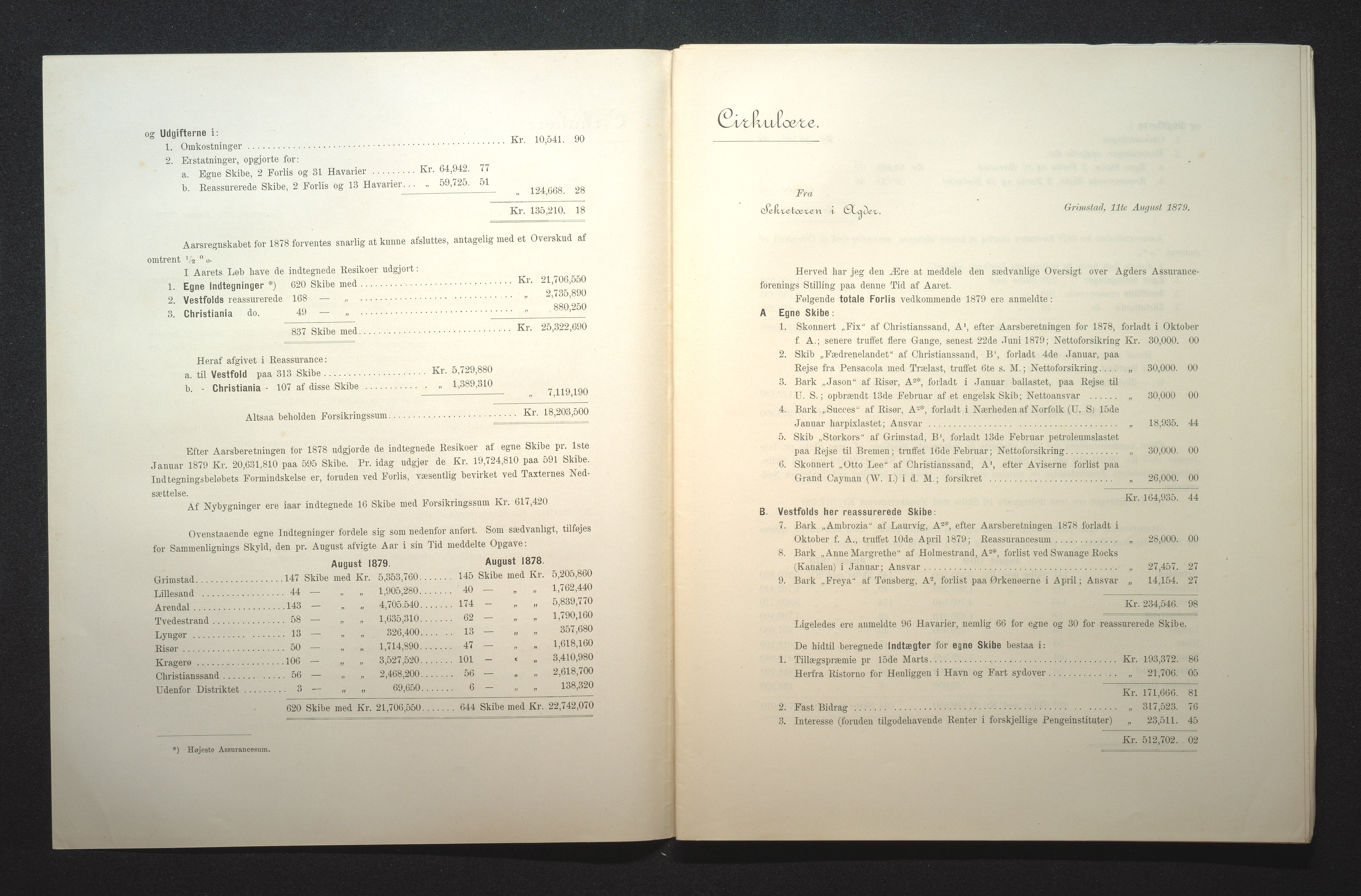 Agders Gjensidige Assuranceforening, AAKS/PA-1718/05/L0001: Regnskap, seilavdeling, pakkesak, 1855-1880