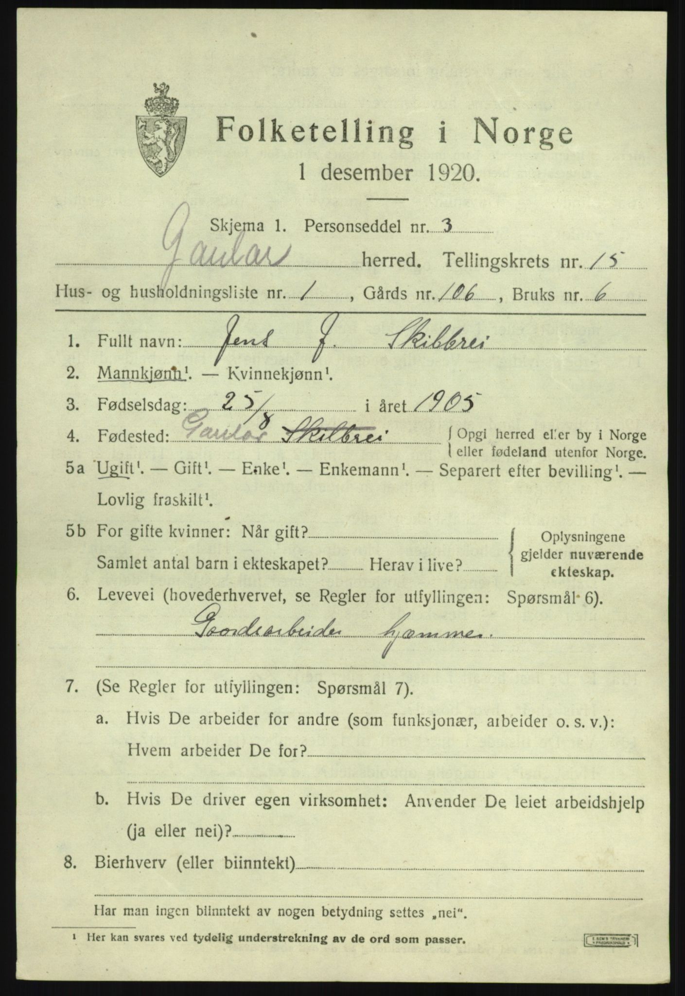 SAB, 1920 census for Gaular, 1920, p. 6678