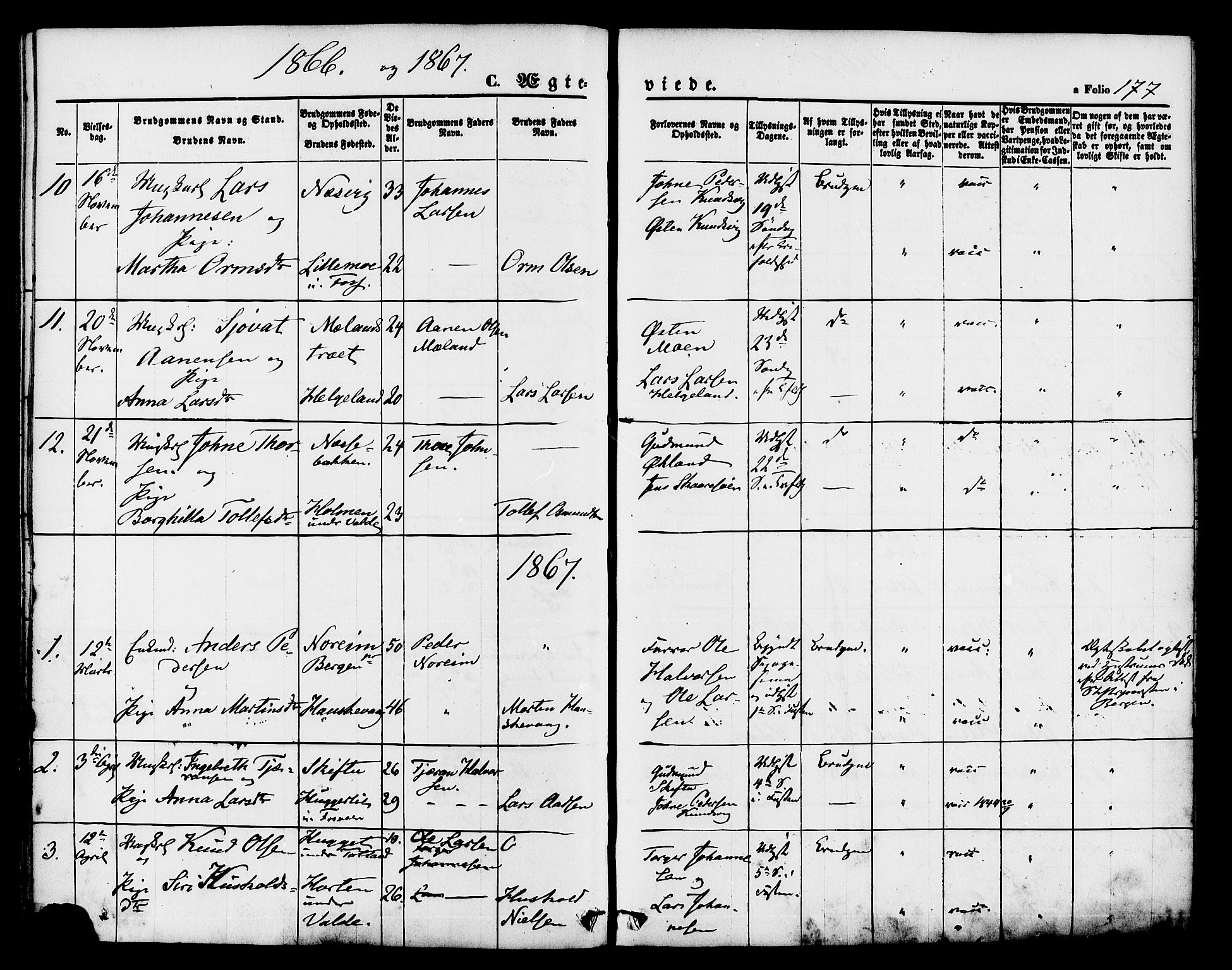 Hjelmeland sokneprestkontor, AV/SAST-A-101843/01/IV/L0011: Parish register (official) no. A 11, 1861-1878, p. 177